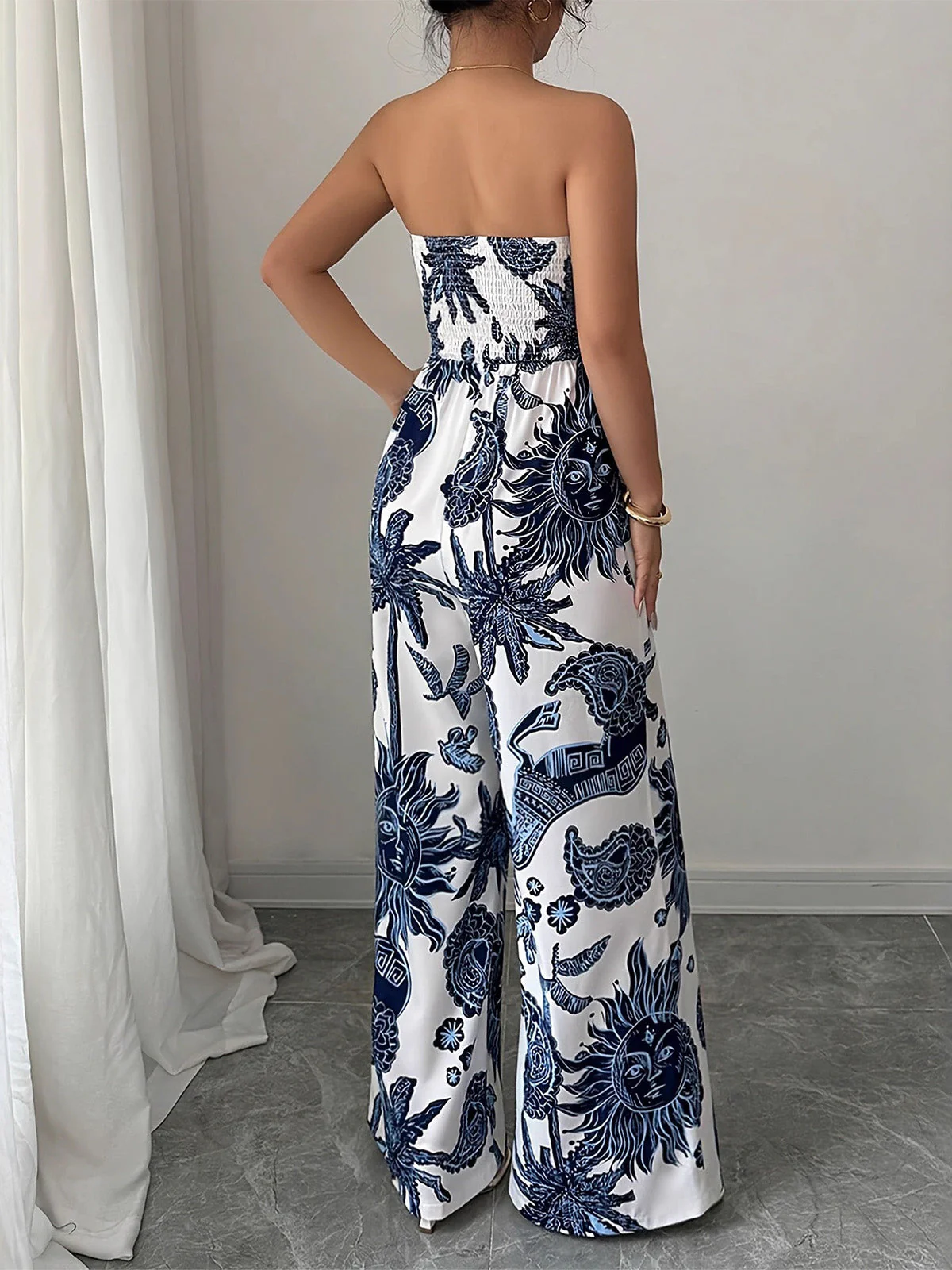 Blue 1970s Celestial Sun Print Smocked Strapless Jumpsuit - Image 5