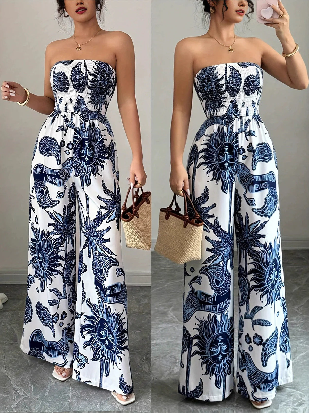 Blue 1970s Celestial Sun Print Smocked Strapless Jumpsuit - Image 6