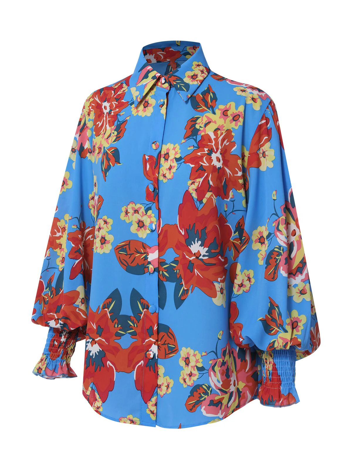 Blue 1970s Contrast Floral Bishop Sleeve Blouse - Image 2