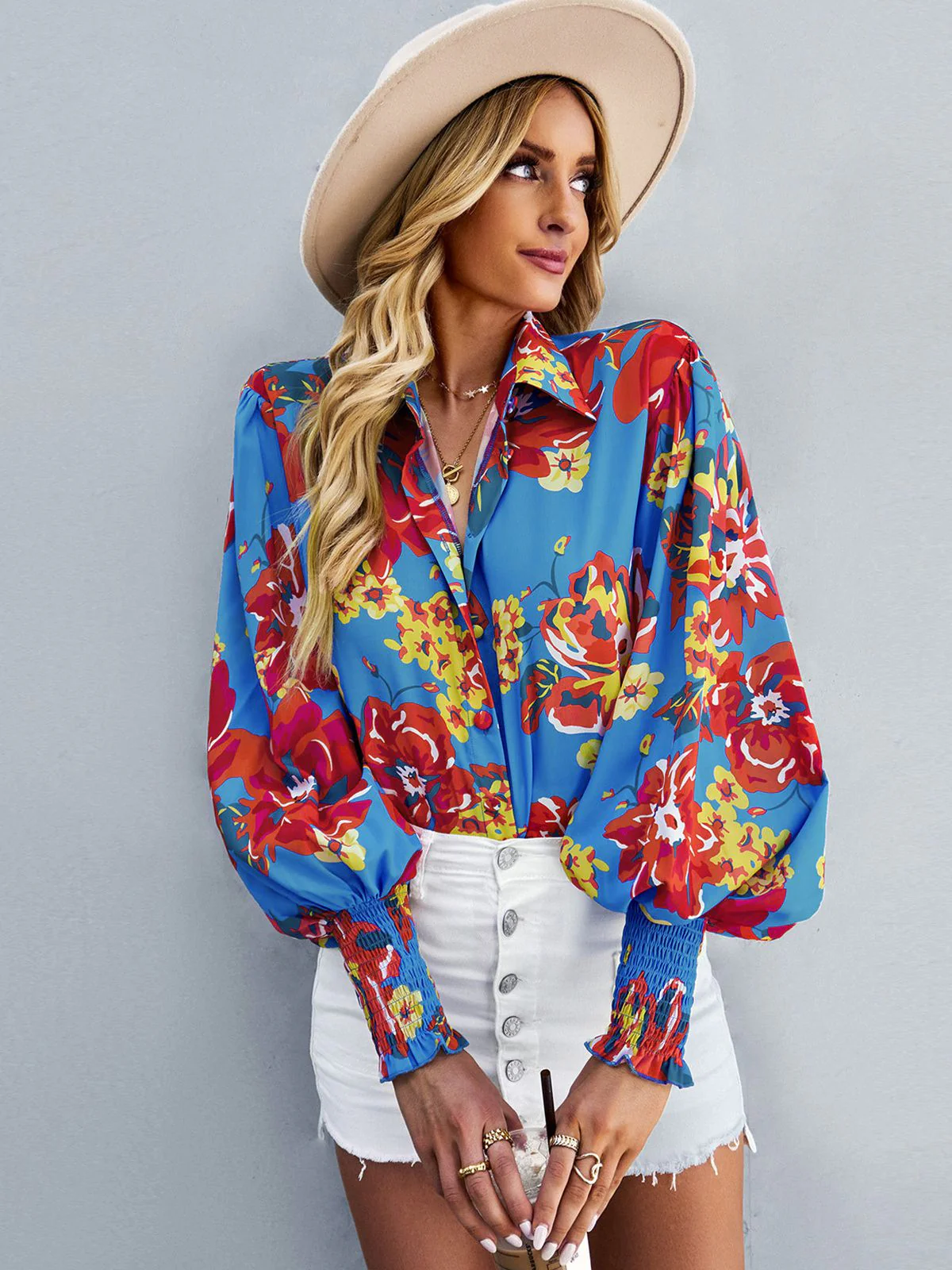 Blue 1970s Contrast Floral Bishop Sleeve Blouse - Image 7