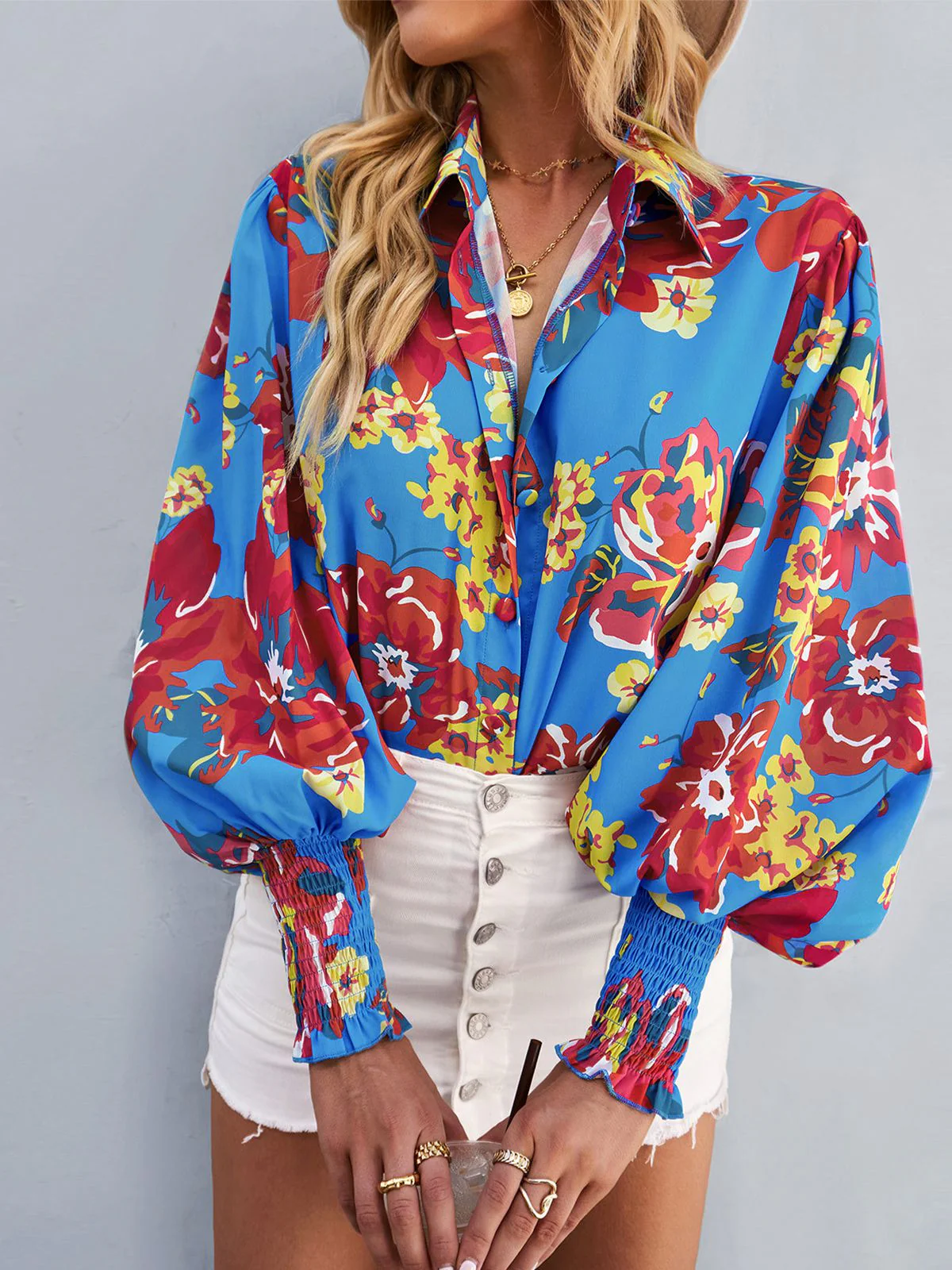 Blue 1970s Contrast Floral Bishop Sleeve Blouse - Image 8
