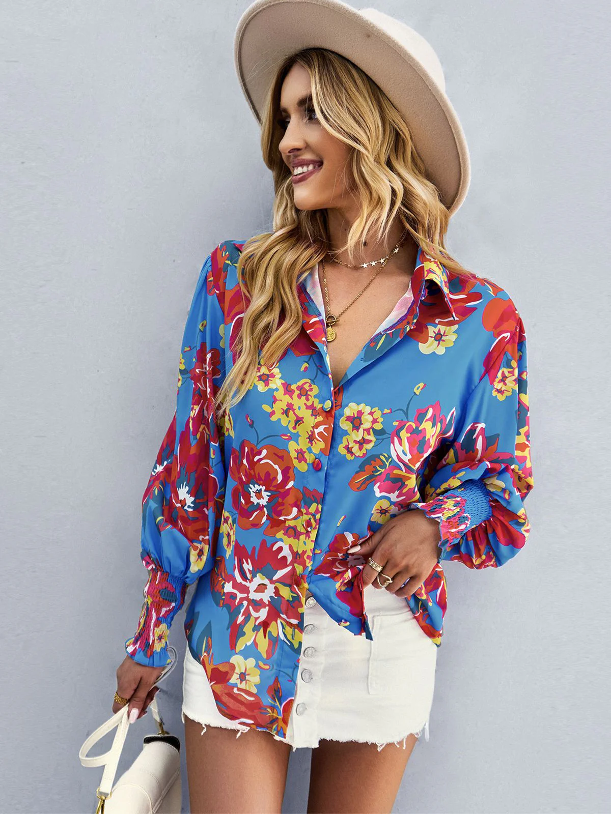 Blue 1970s Contrast Floral Bishop Sleeve Blouse - Image 9