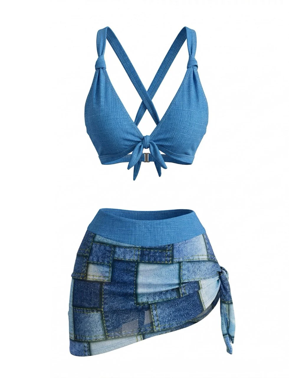 Blue 1970s Denim Print Vintage Bikini Set & Cover-Up - Image 2