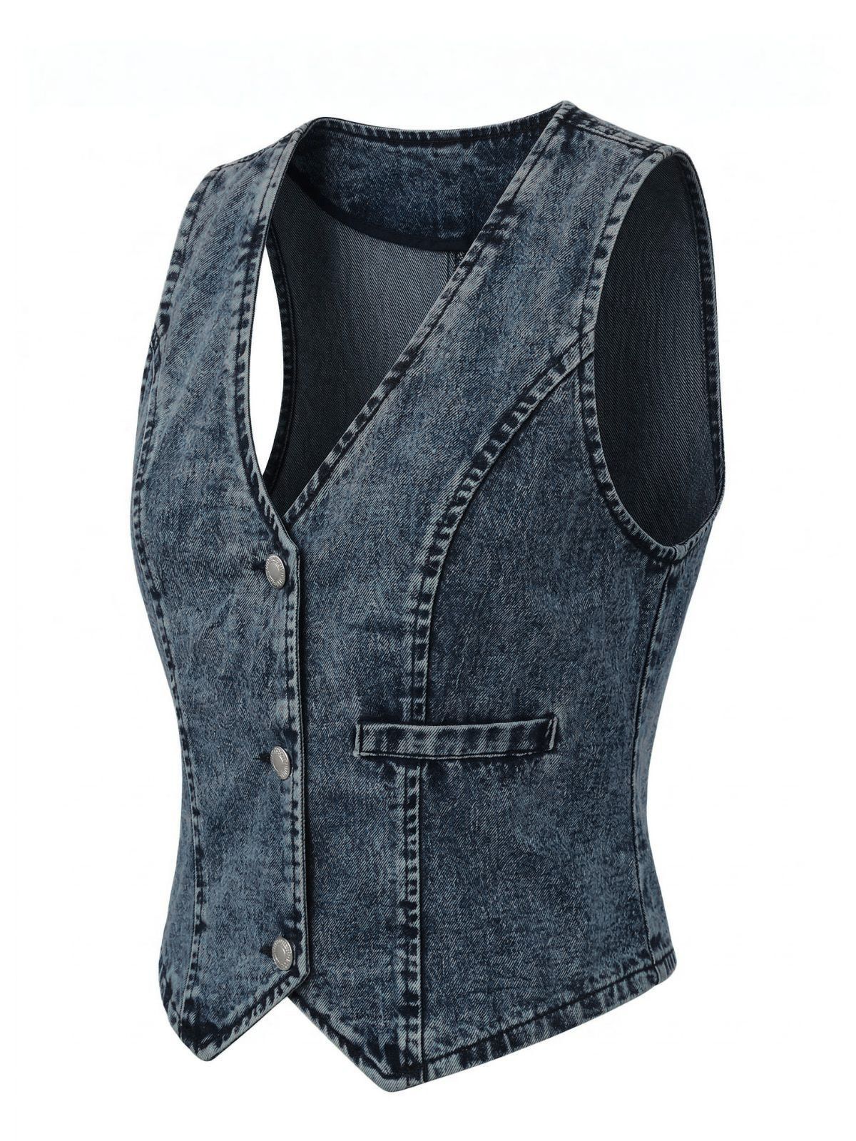 Blue 1970s Denim V-Neck Sleeveless Button Top - Image 3