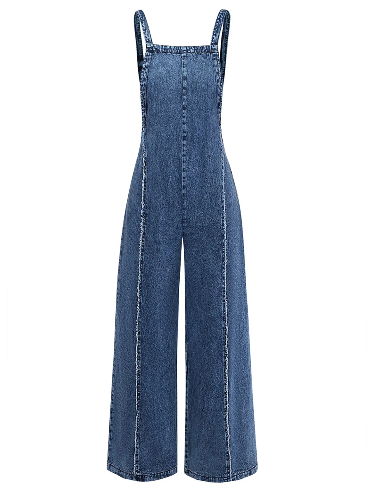 Blue 1970s Denim Wide-Leg Overalls Frayed Jumpsuit - Image 2