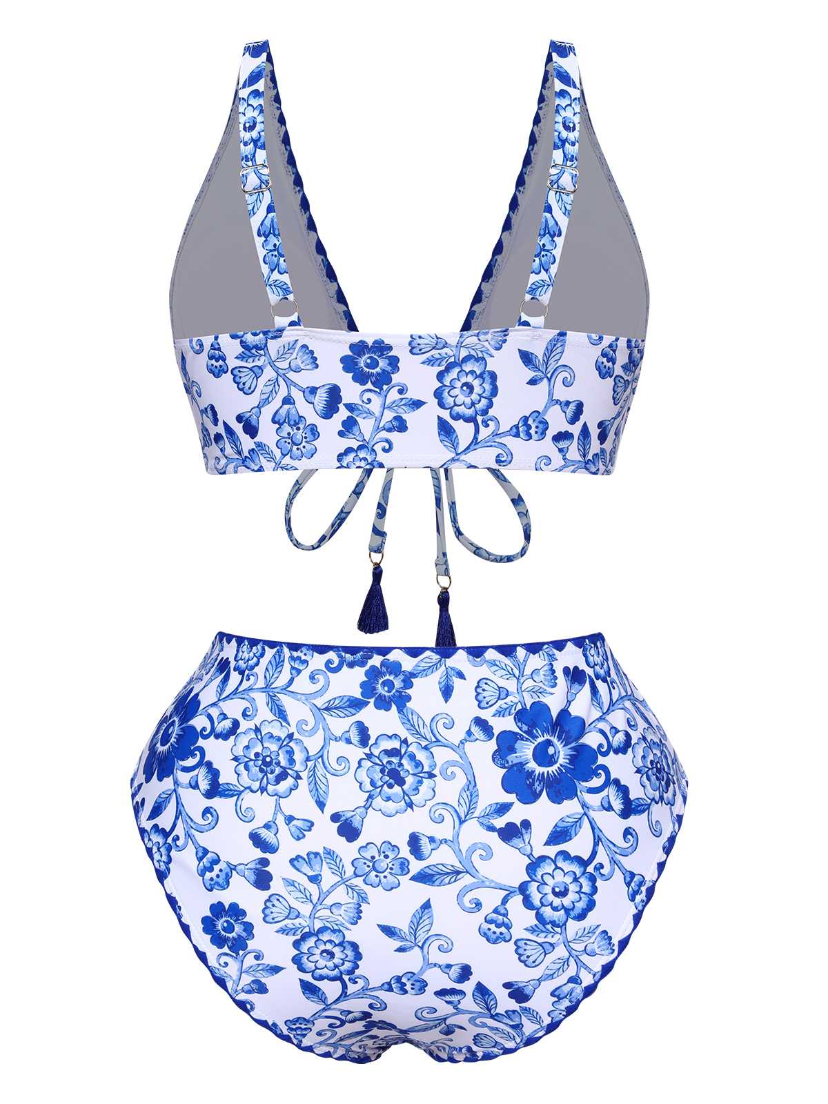 Blue 1970s Floral High-Waist Swimsuit - Image 2