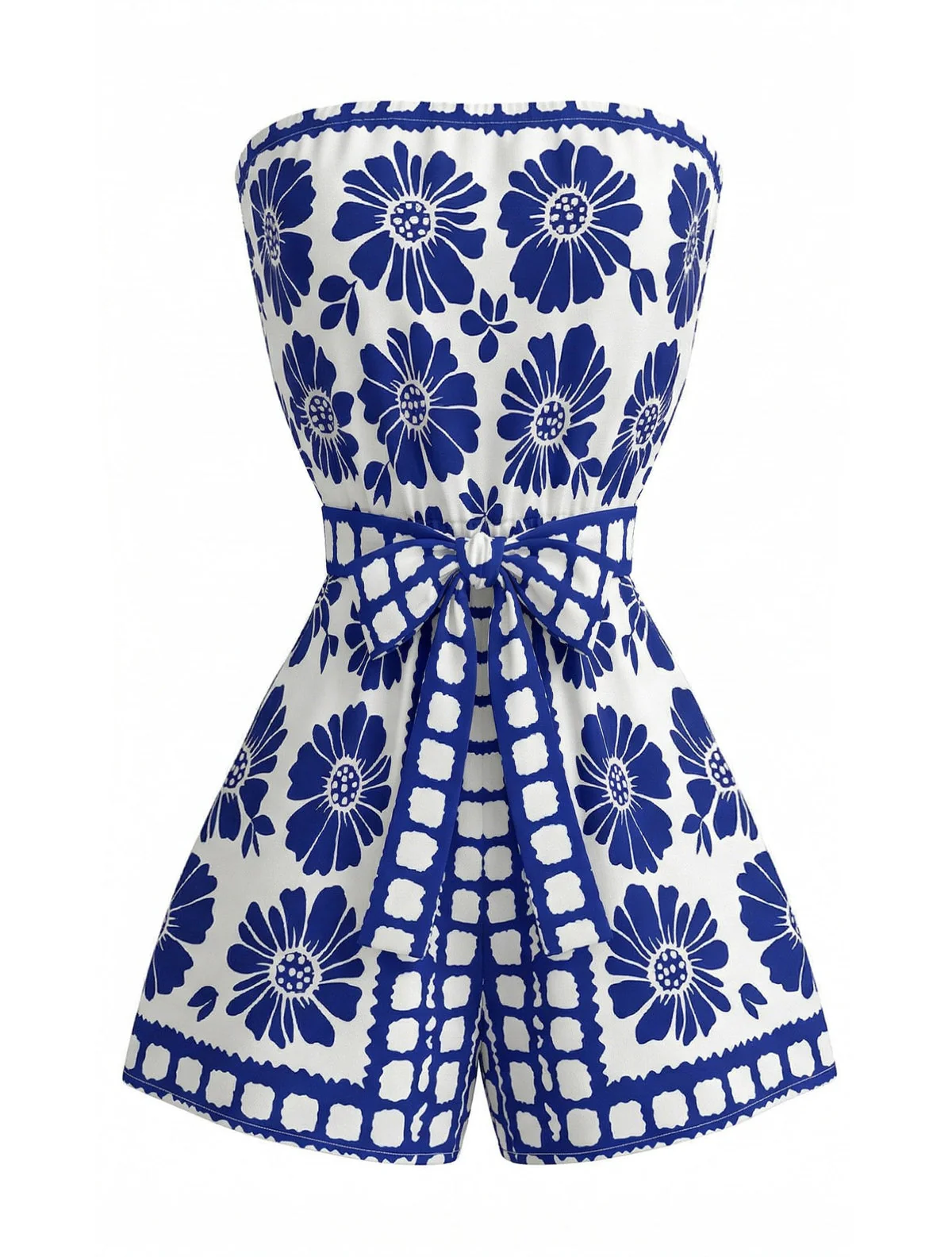 Blue 1970s Floral Strapless Belted Romper - Image 2