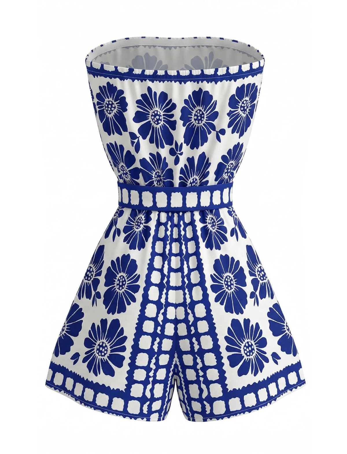 Blue 1970s Floral Strapless Belted Romper - Image 3