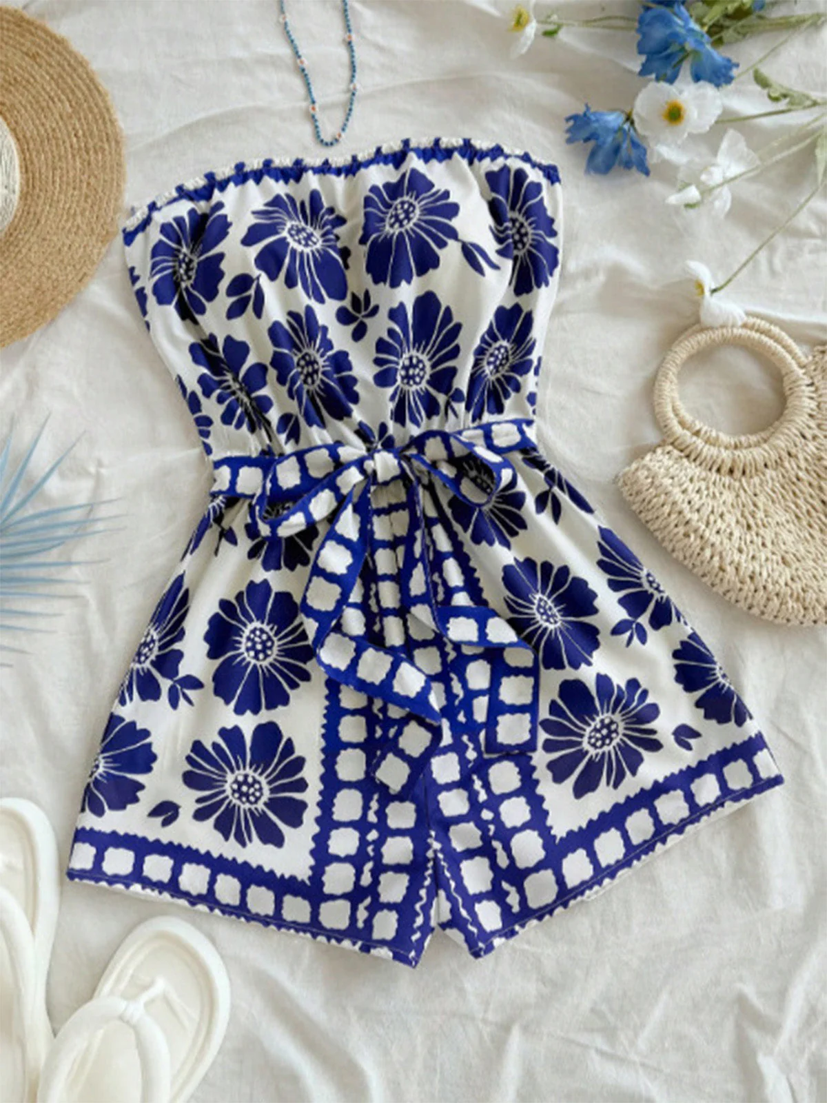 Blue 1970s Floral Strapless Belted Romper - Image 4
