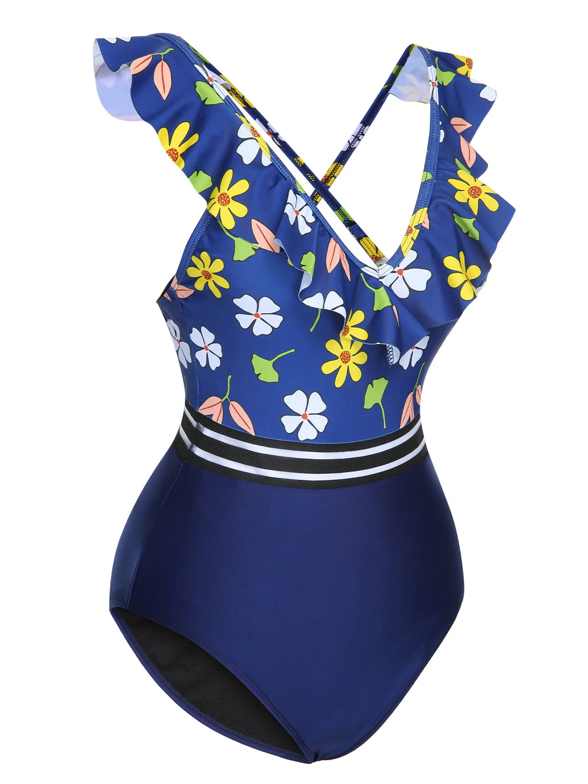 Blue 1970s Flowers Patchwork One-Piece Swimsuit - Image 2