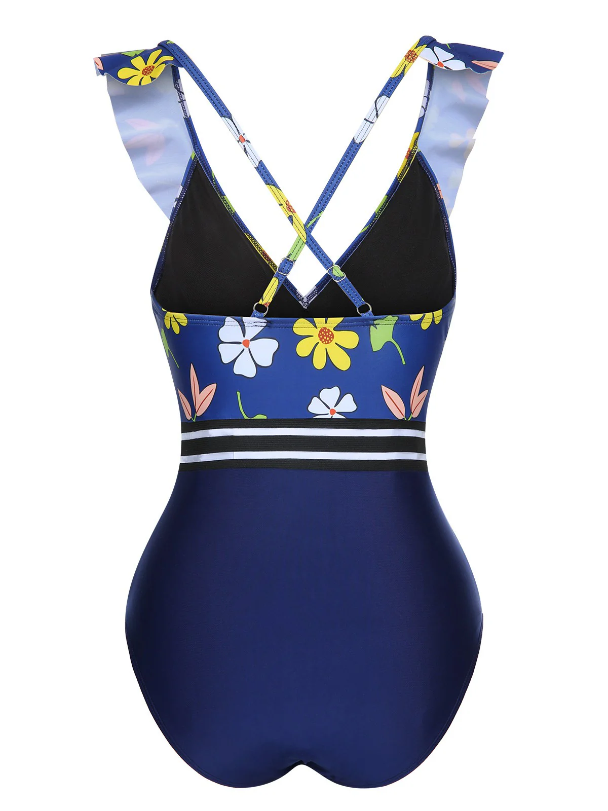 Blue 1970s Flowers Patchwork One-Piece Swimsuit - Image 3