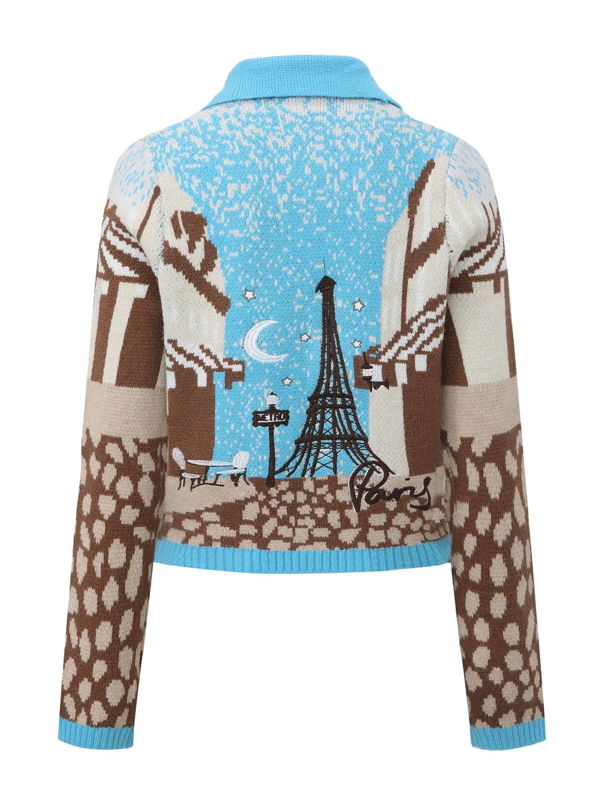 Blue 1970s Landscape Print Lapel Knit Cardigan Sweater - Image 2