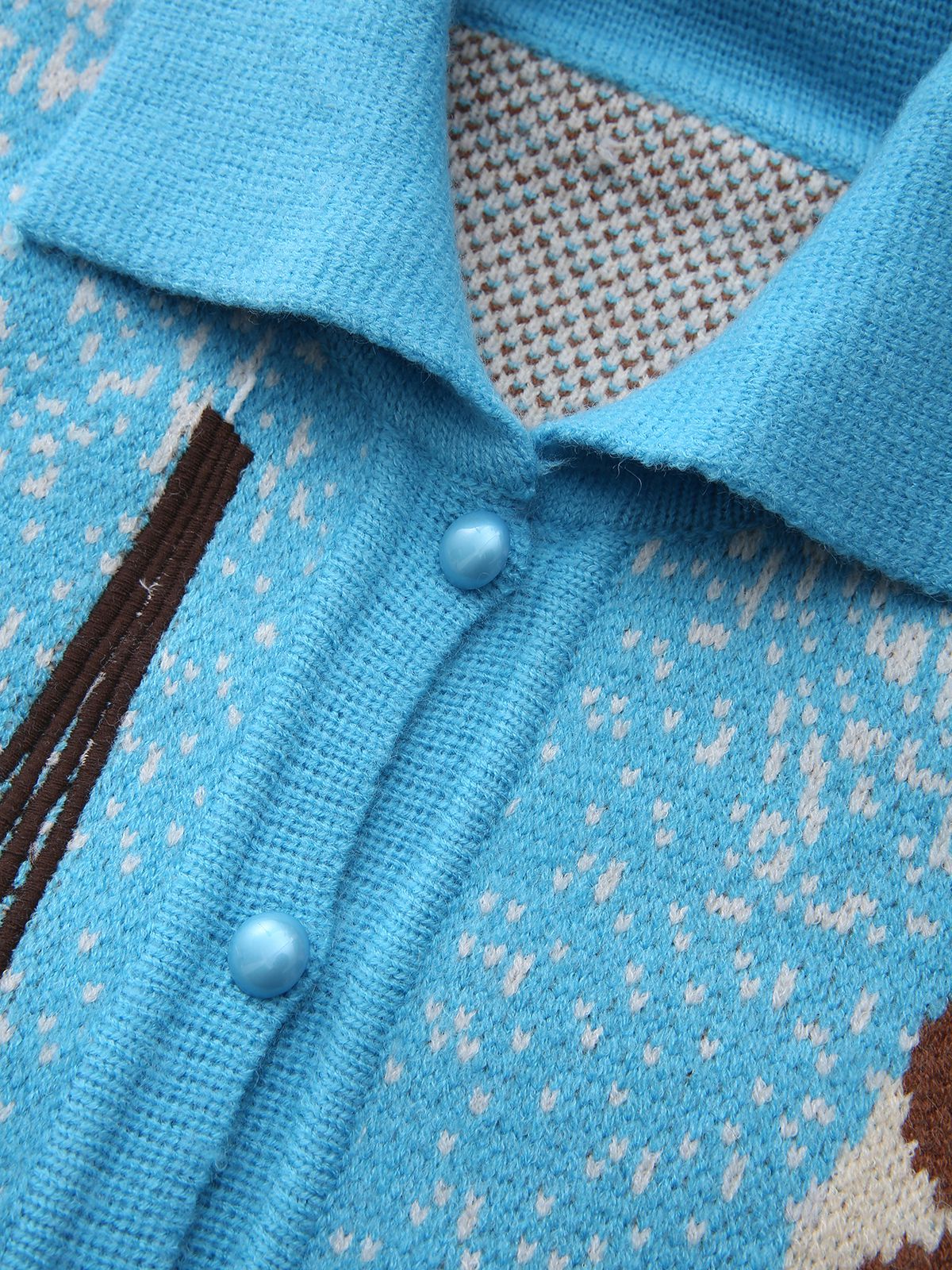 Blue 1970s Landscape Print Lapel Knit Cardigan Sweater - Image 3