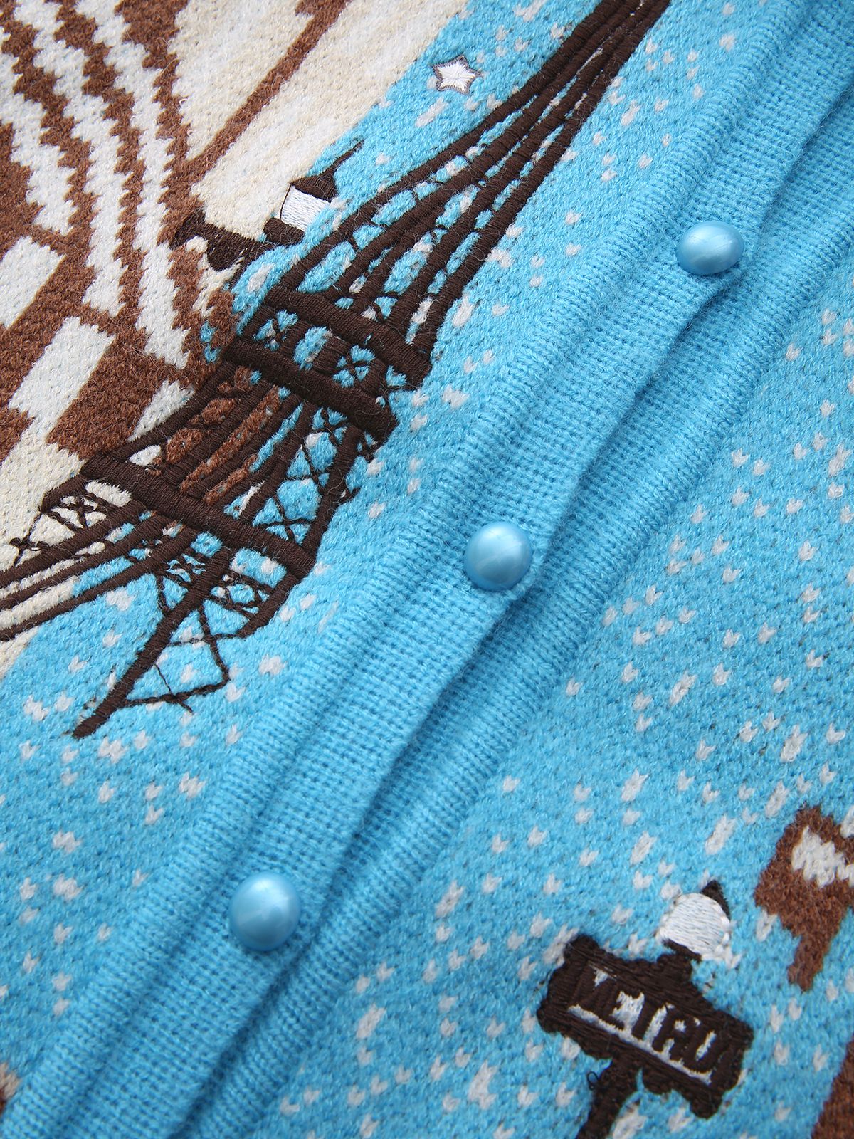Blue 1970s Landscape Print Lapel Knit Cardigan Sweater - Image 4