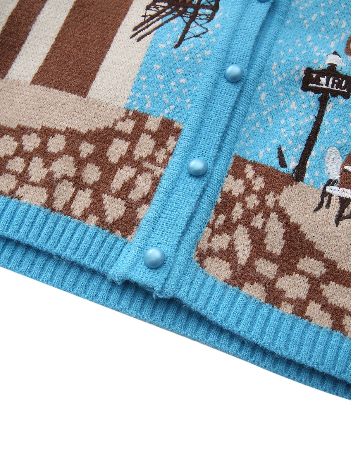 Blue 1970s Landscape Print Lapel Knit Cardigan Sweater - Image 5
