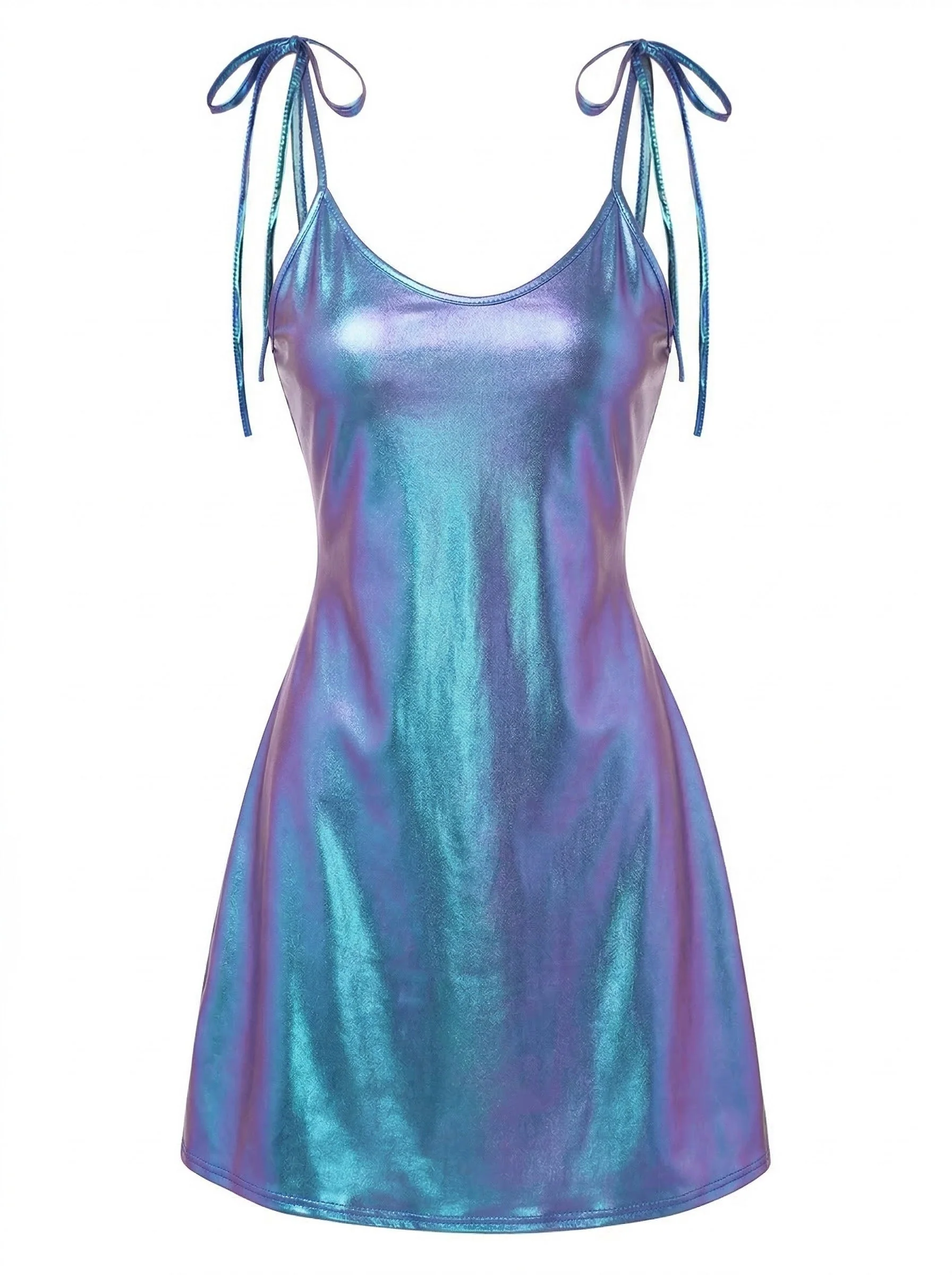 Blue 1970s Patent Leather Spaghetti Strap Mini Dress