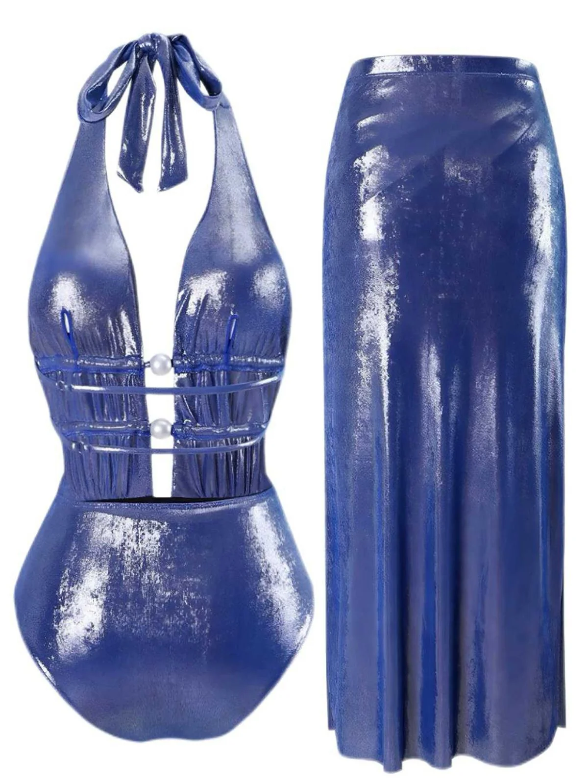 Blue 1970s Pearl Shimmery Halter Swimsuit & Cover-Up - Image 2