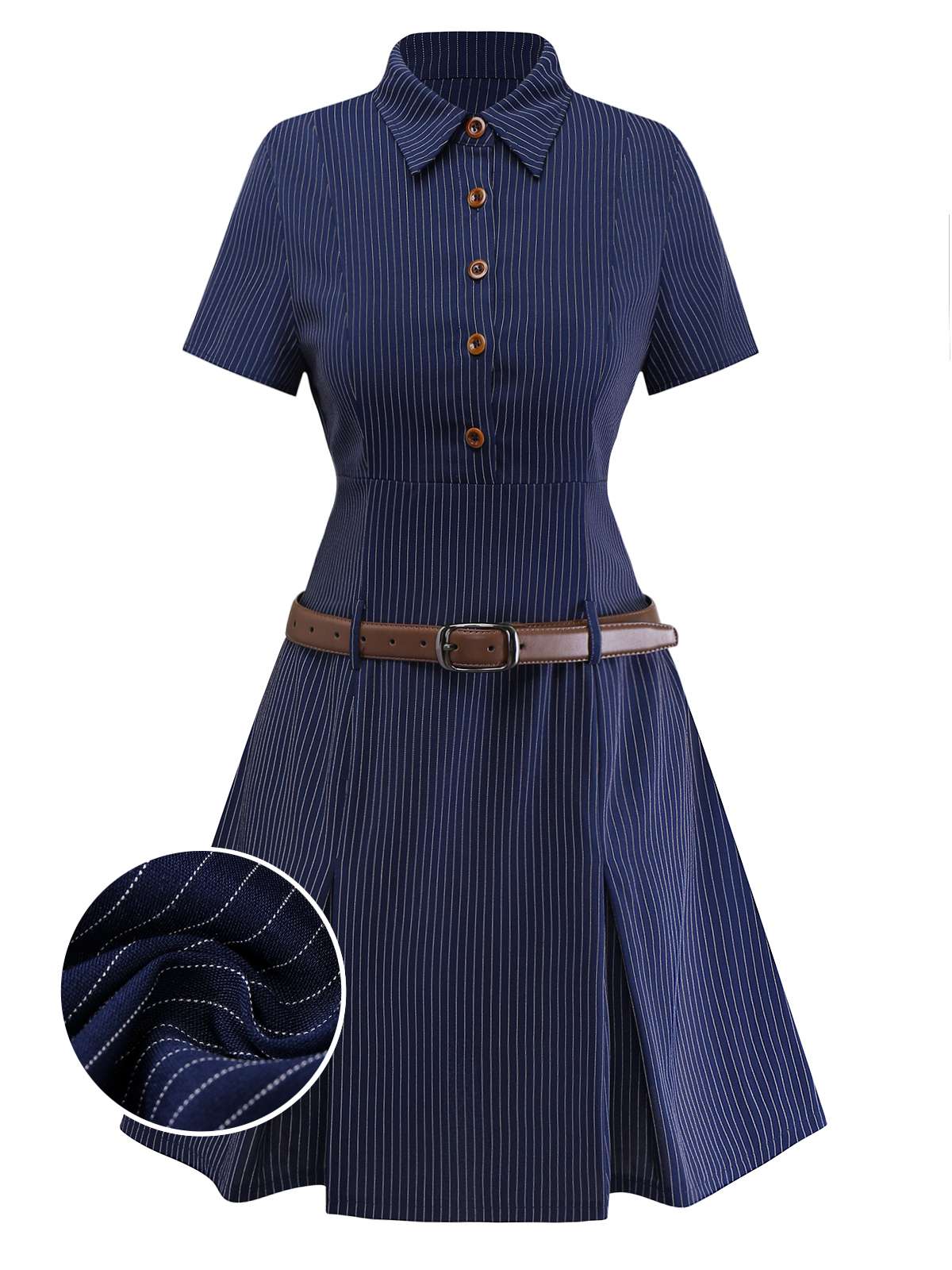 [Pre-Sale] Blue 1970s Pinstripe Pleated Shirt Collar Dress - Image 2