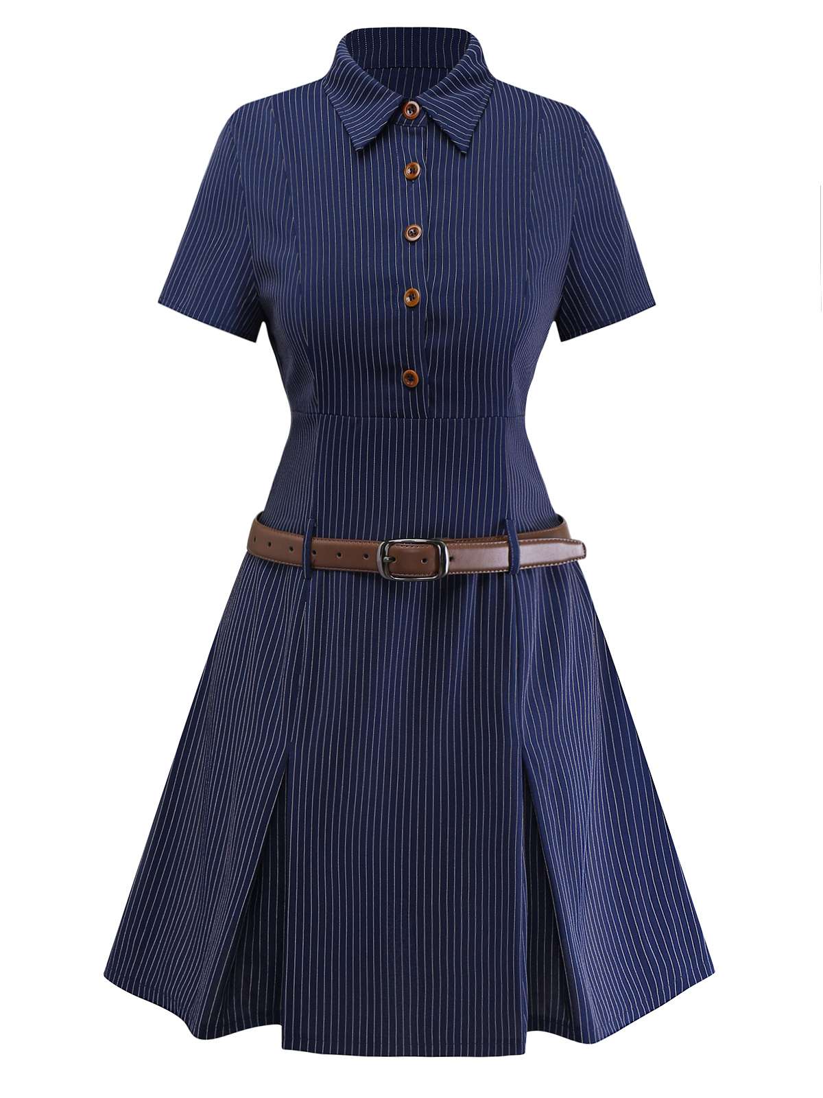 [Pre-Sale] Blue 1970s Pinstripe Pleated Shirt Collar Dress - Image 4