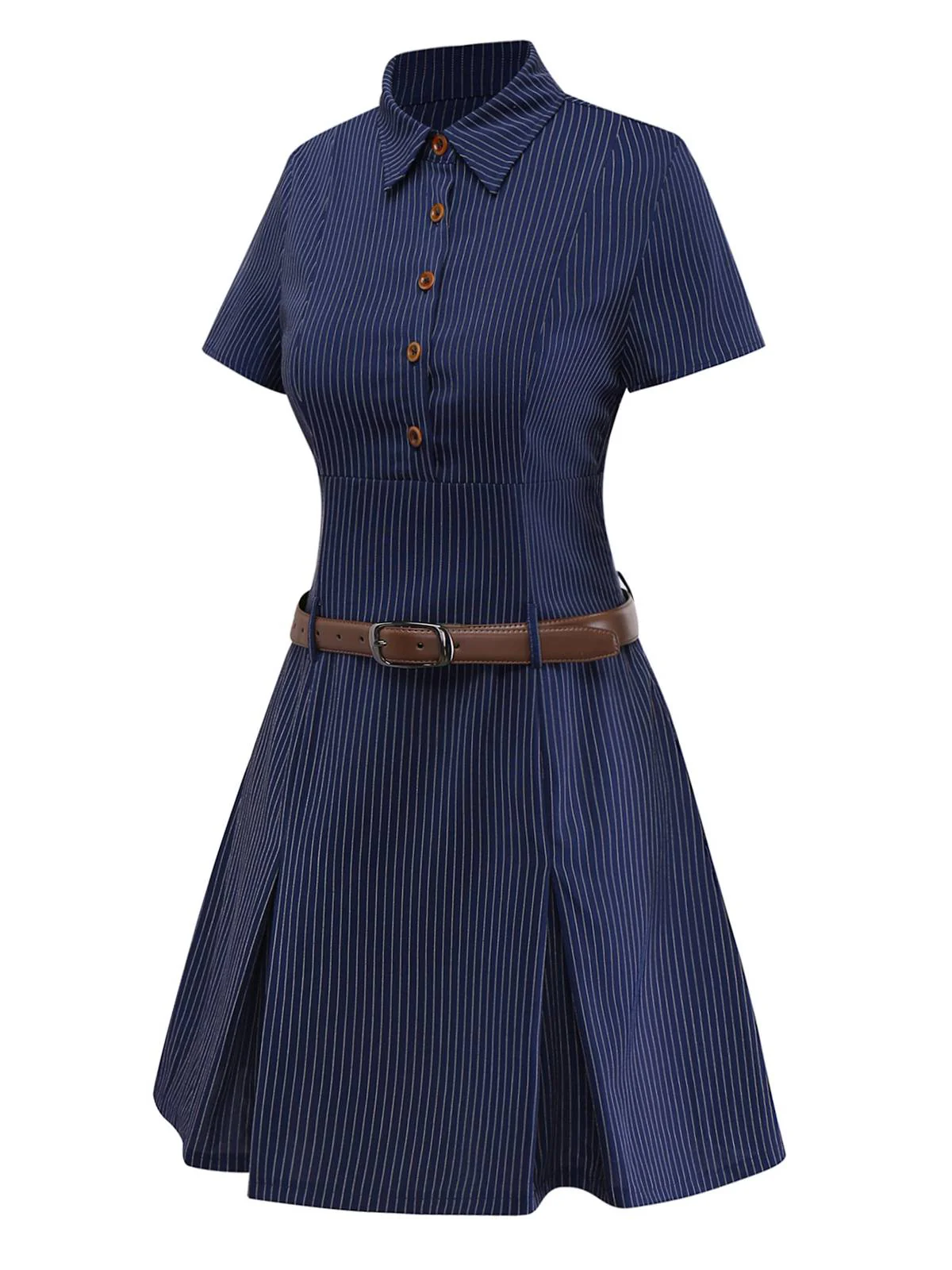 [Pre-Sale] Blue 1970s Pinstripe Pleated Shirt Collar Dress - Image 5