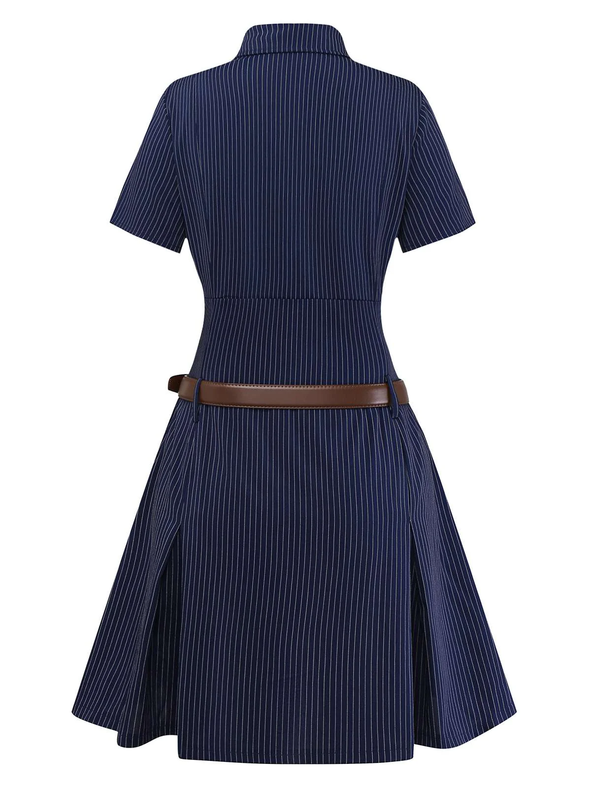 [Pre-Sale] Blue 1970s Pinstripe Pleated Shirt Collar Dress - Image 6