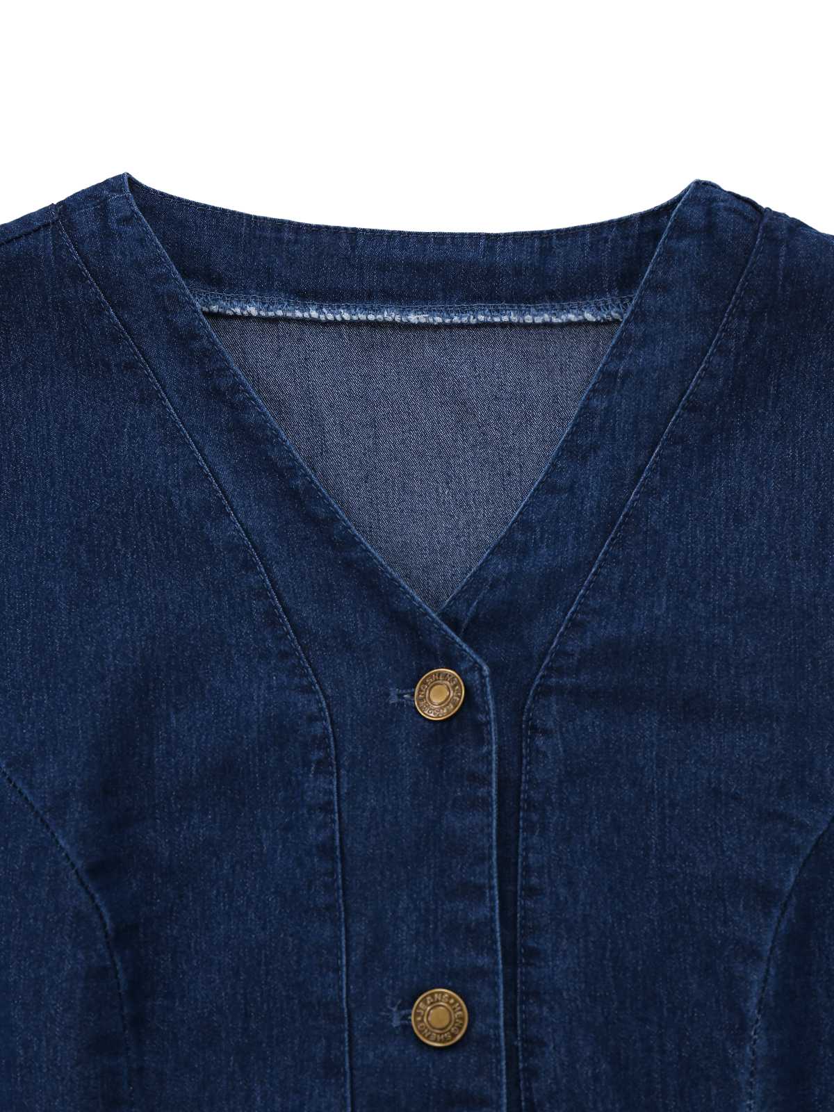 Blue 1970s Pockets Sleeveless A-Line Denim Dress - Image 3