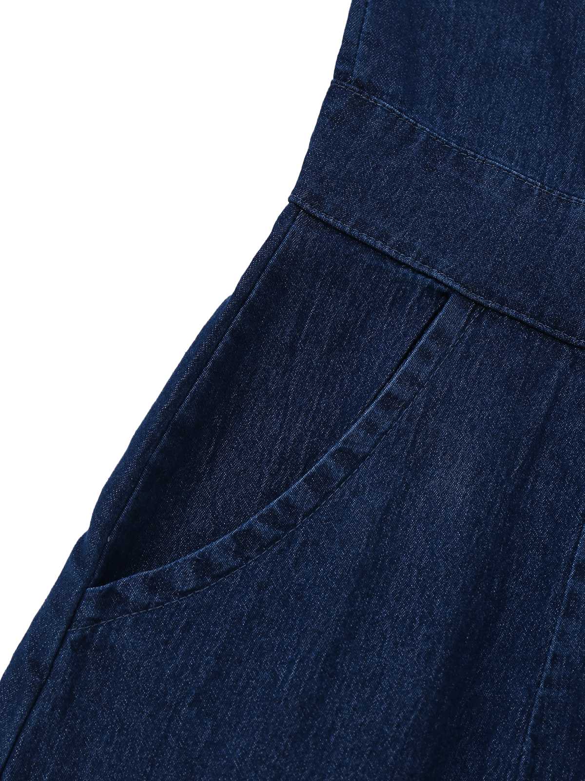 Blue 1970s Pockets Sleeveless A-Line Denim Dress - Image 4