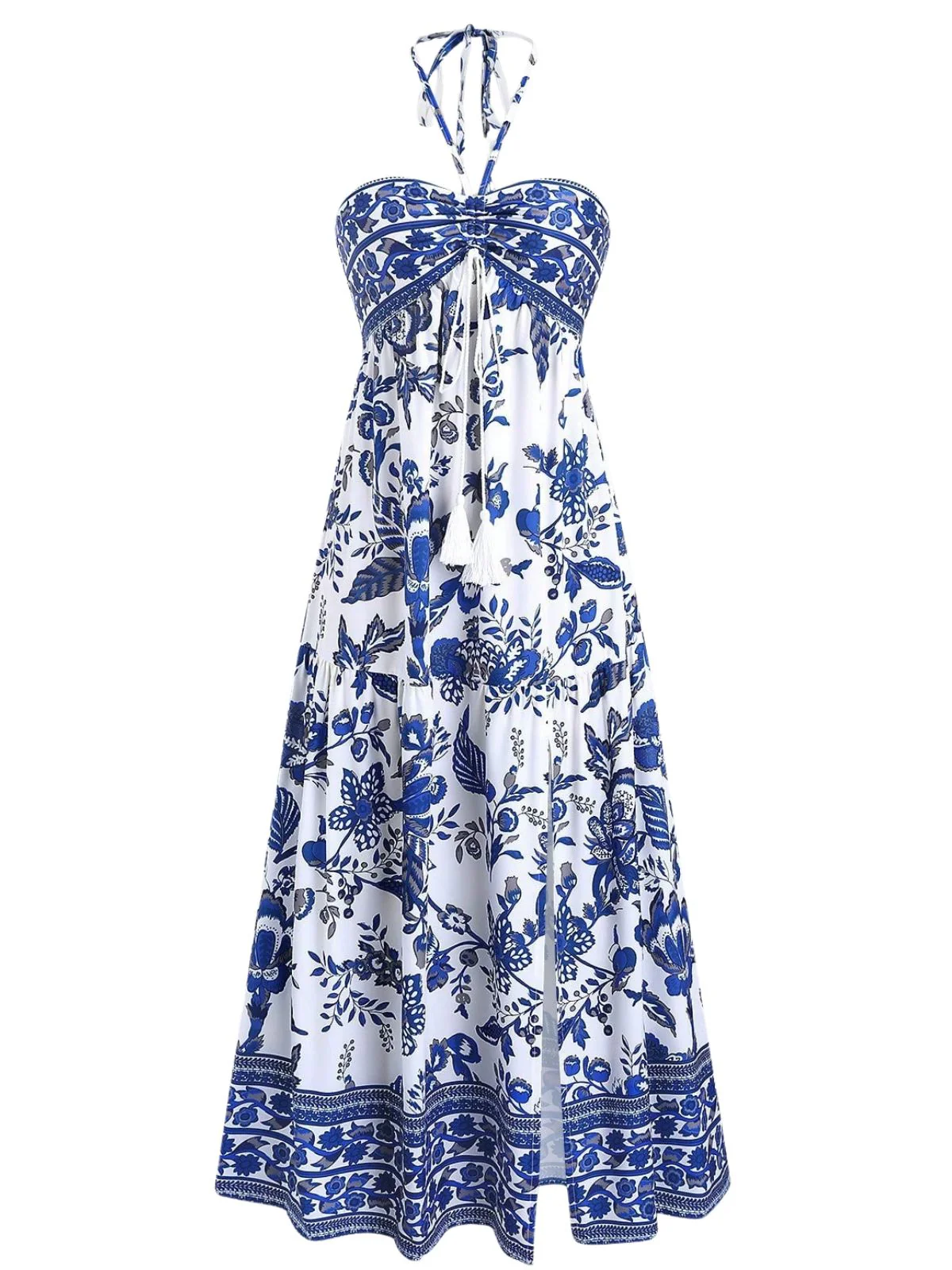 Blue 1970s Porcelain Boho Halter Bind Dress - Image 2