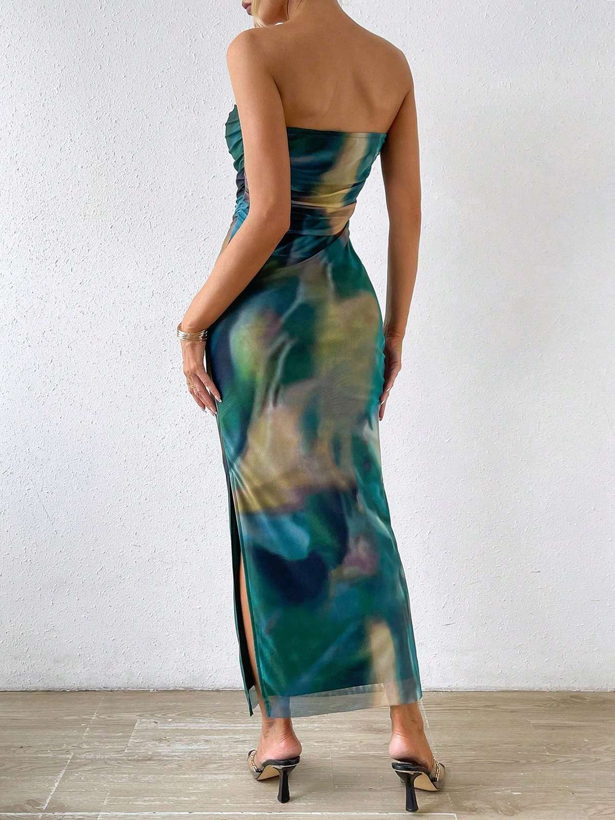 Blue 1970s Psychedelic Print Bandeau Bodycon Dress - Image 2