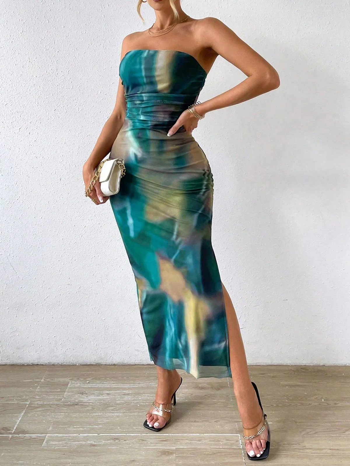 Blue 1970s Psychedelic Print Bandeau Bodycon Dress - Image 3
