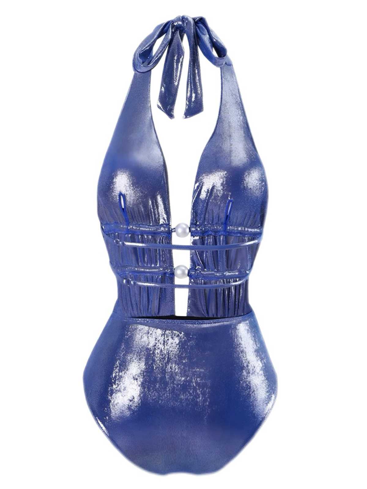 Blue 1970s Shimmery Halter Pearl One-Piece Swimsuit - Image 2