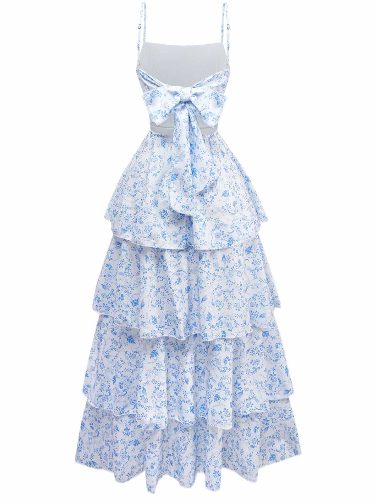 Blue 1970s Spaghetti Strap Floral Tiered Dress - Image 2