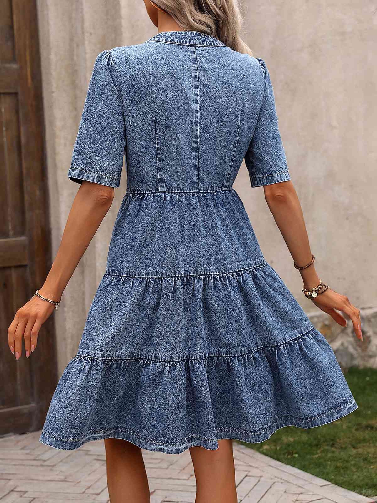 Blue 1970s V-Neck Half Sleeves Denim Dress - Image 4