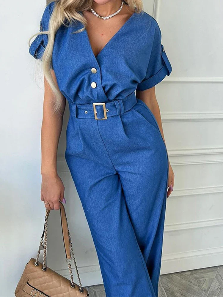 Blue 1970s V-Neck Solid Jumpsuit - Image 2