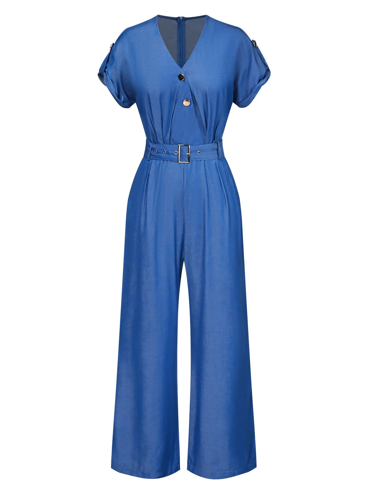 Blue 1970s V-Neck Solid Jumpsuit - Image 3