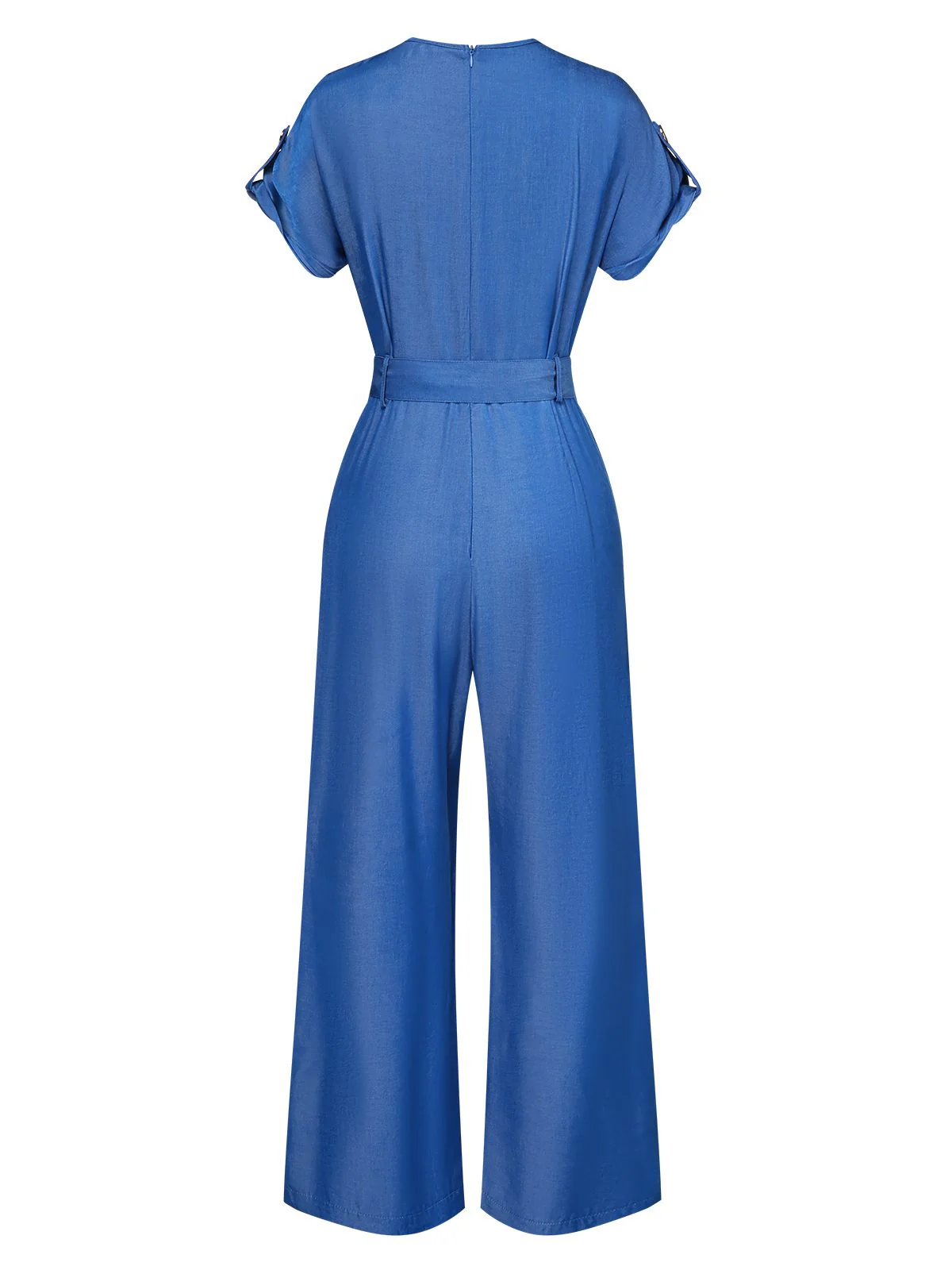 Blue 1970s V-Neck Solid Jumpsuit - Image 4