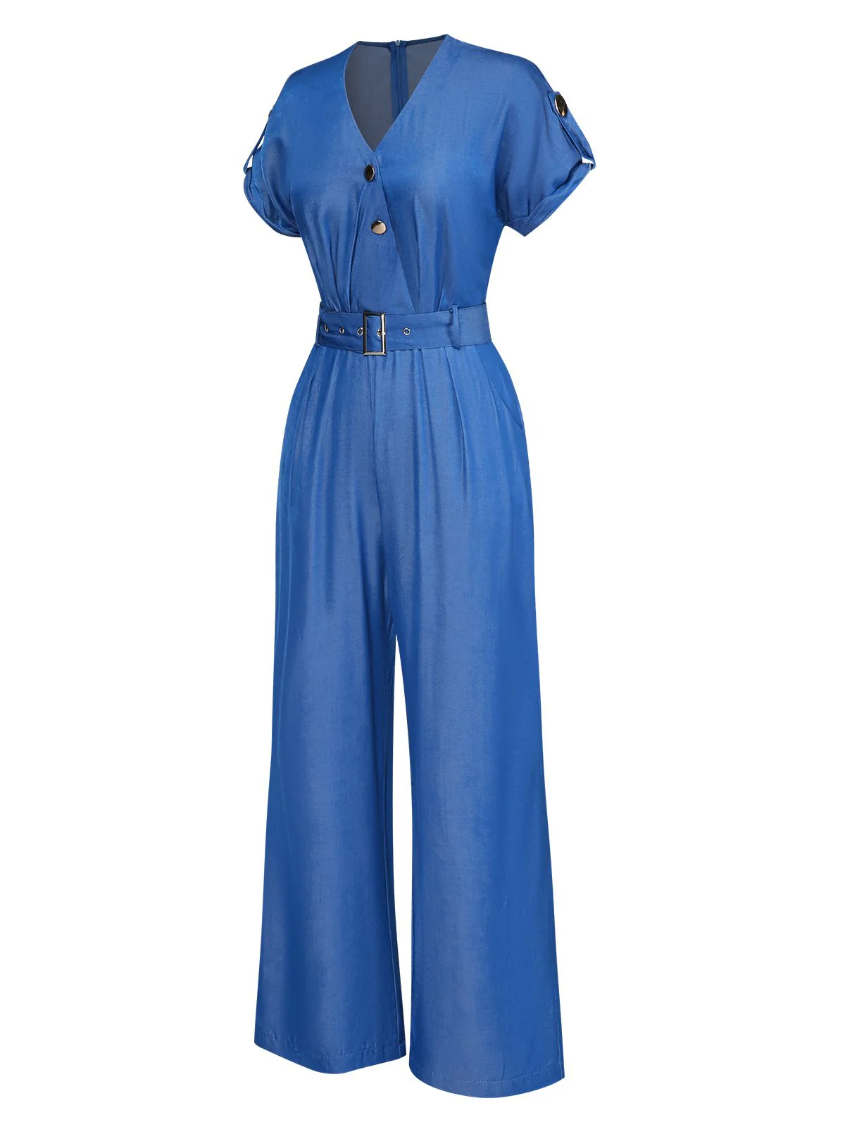 Blue 1970s V-Neck Solid Jumpsuit - Image 5