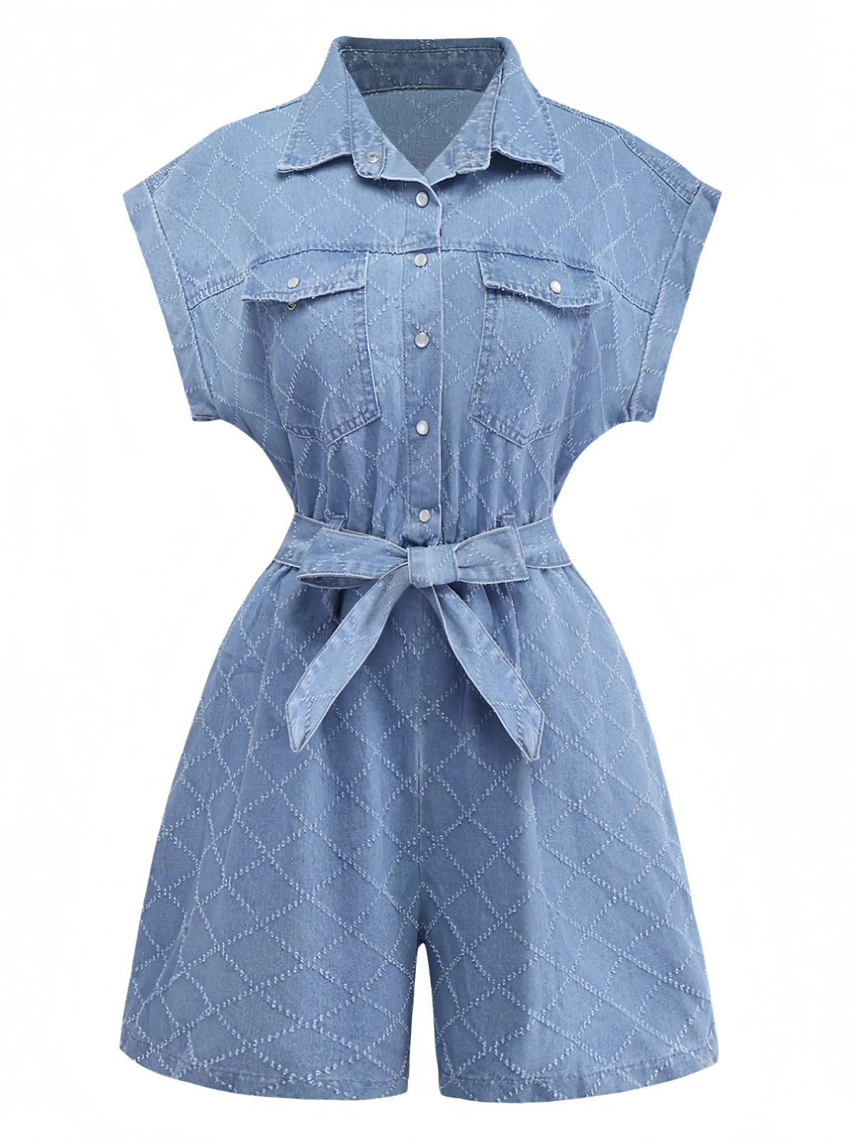 Blue 1980s Denim Button-Down Utility Romper - Image 2