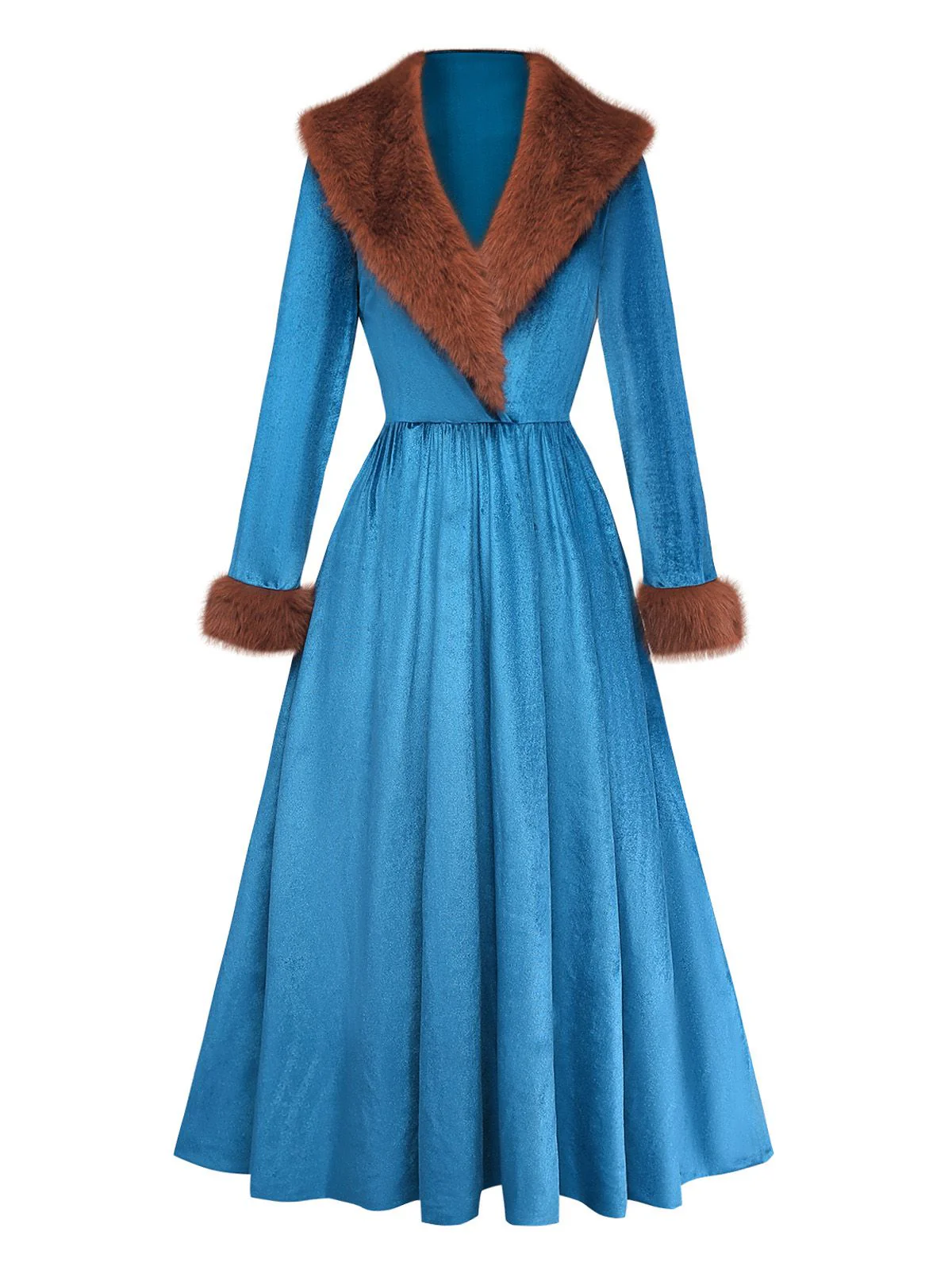 Blue 1980s Fur Collar Patchwork Maxi Dress - Image 2
