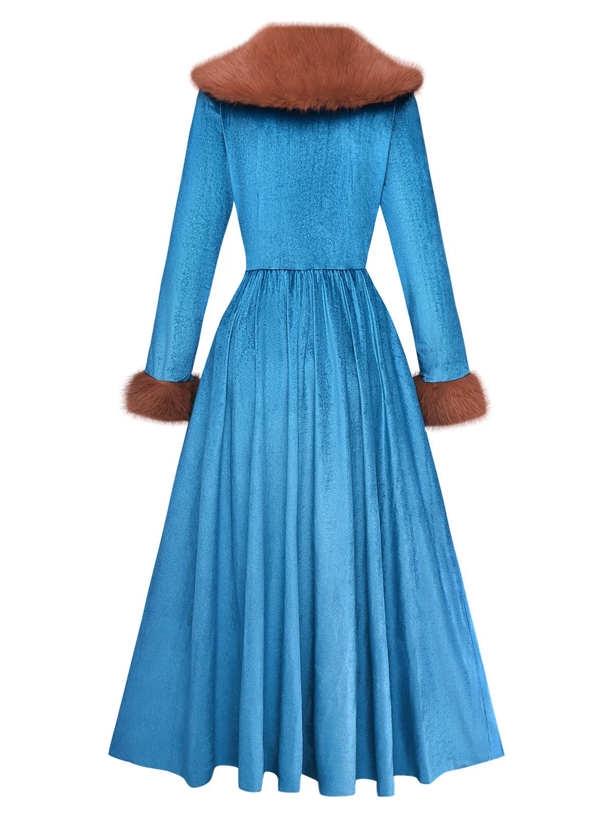 Blue 1980s Fur Collar Patchwork Maxi Dress - Image 3