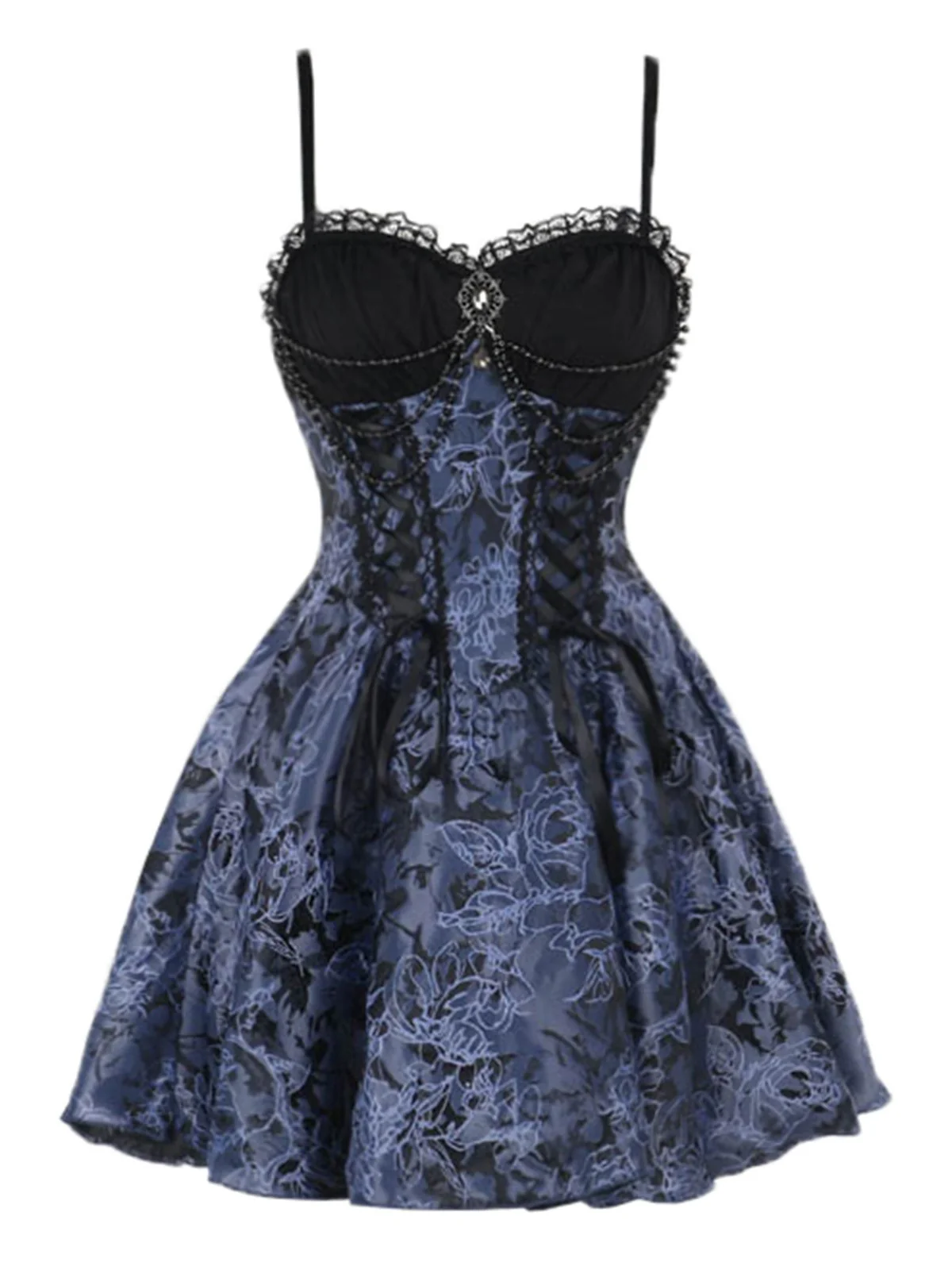2PCS Black & Blue 1980s Gothic Cape Cardigan & Floral Embroidered Dress - Image 6