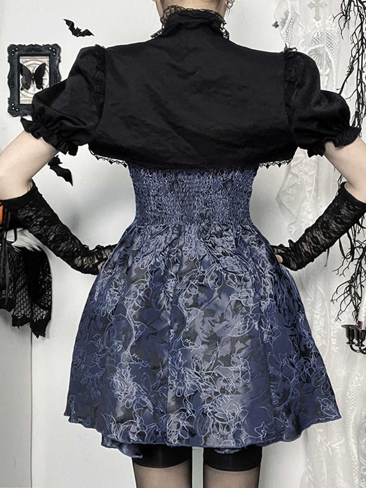 Blue 1980s Gothic Steampunk Floral Print Lace Patchwork Bubble Dress - Image 3
