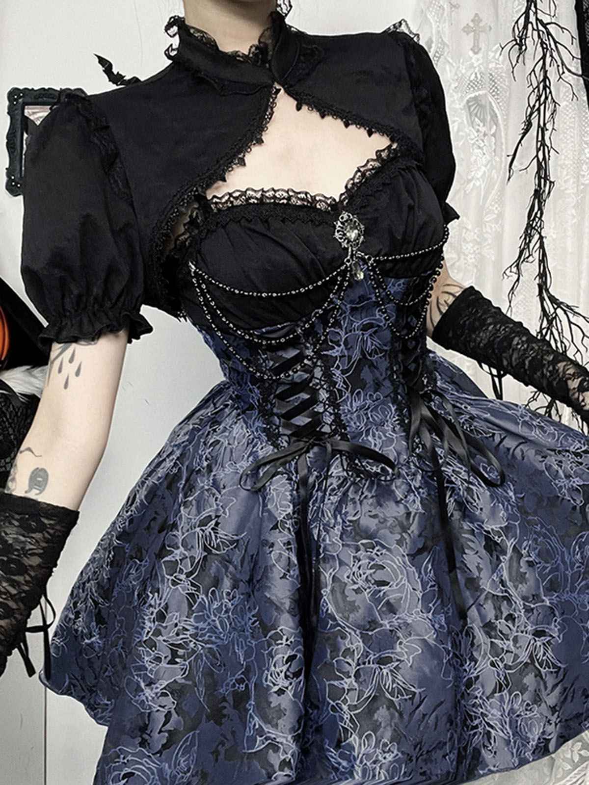 Blue 1980s Gothic Steampunk Floral Print Lace Patchwork Bubble Dress - Image 4