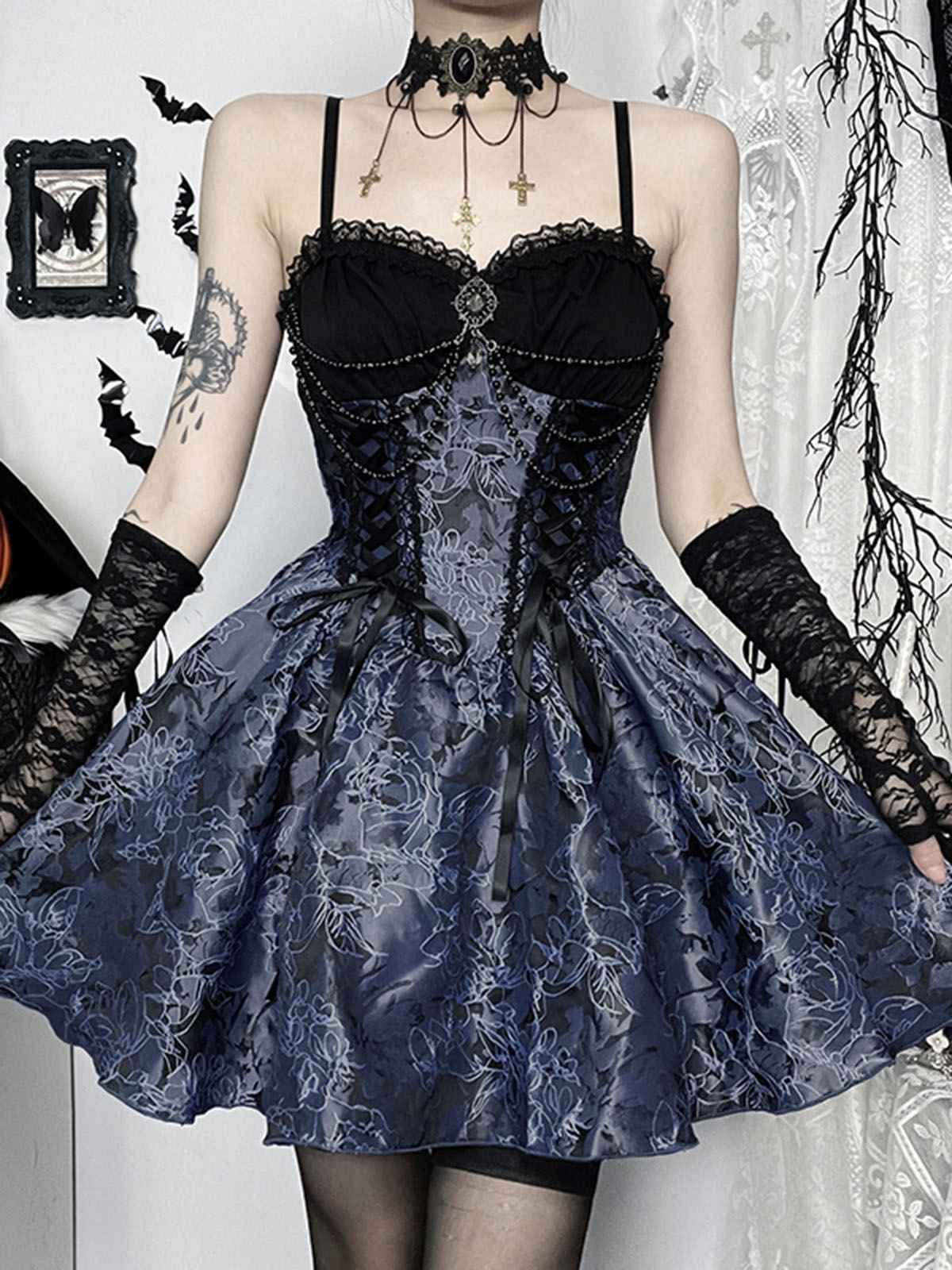 2PCS Black & Blue 1980s Gothic Cape Cardigan & Floral Embroidered Dress - Image 8