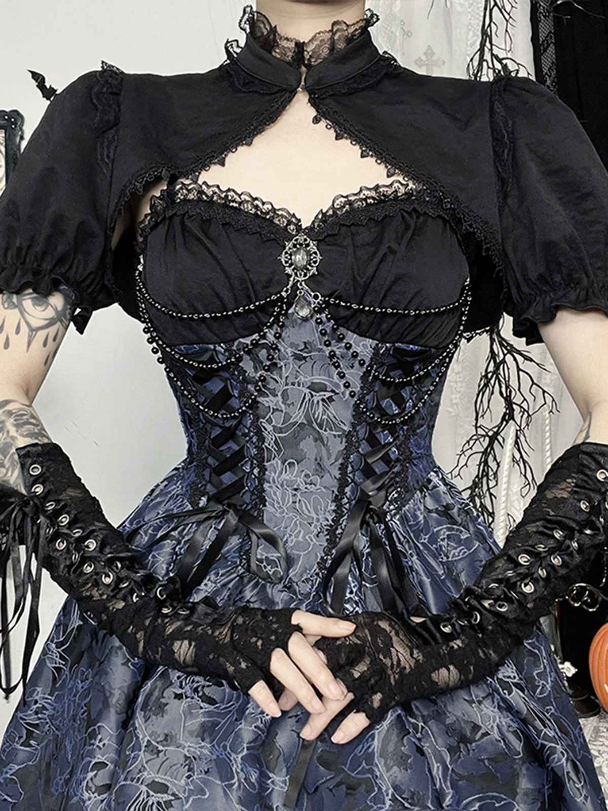 Blue 1980s Gothic Steampunk Floral Print Lace Patchwork Bubble Dress - Image 6