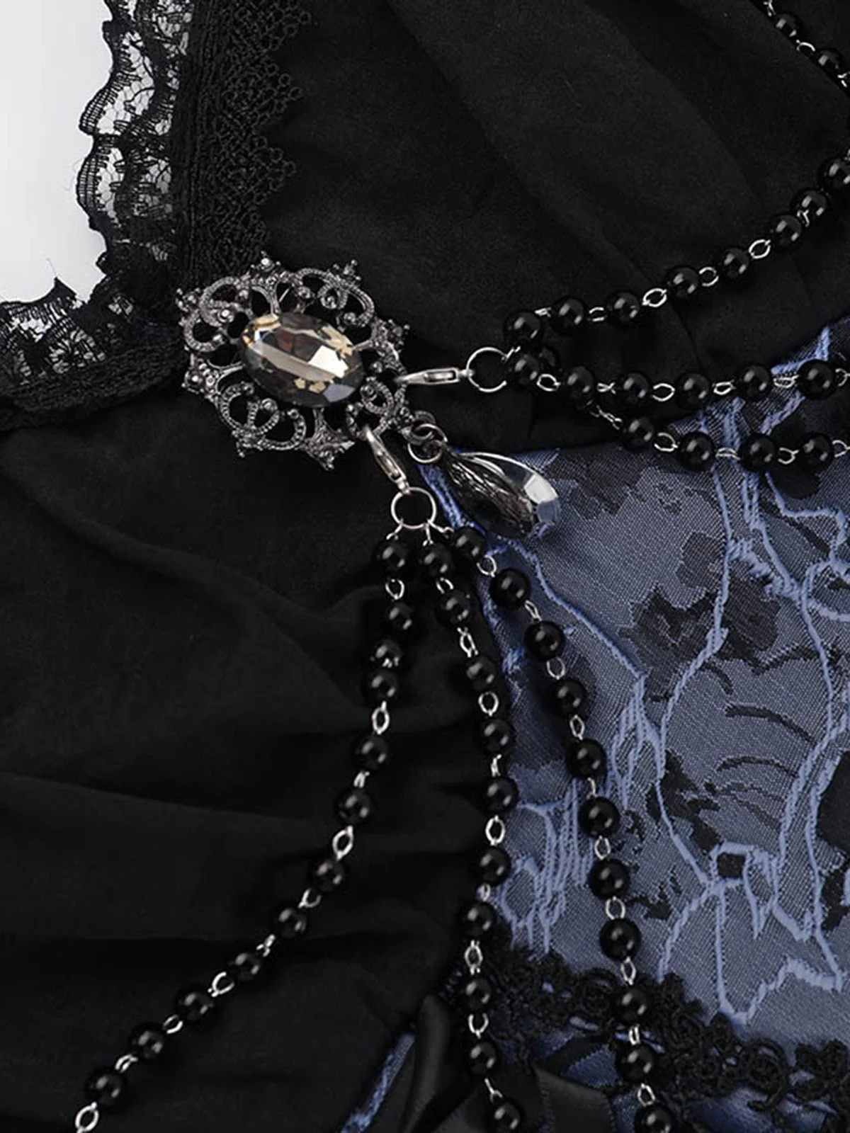 2PCS Black & Blue 1980s Gothic Cape Cardigan & Floral Embroidered Dress - Image 9