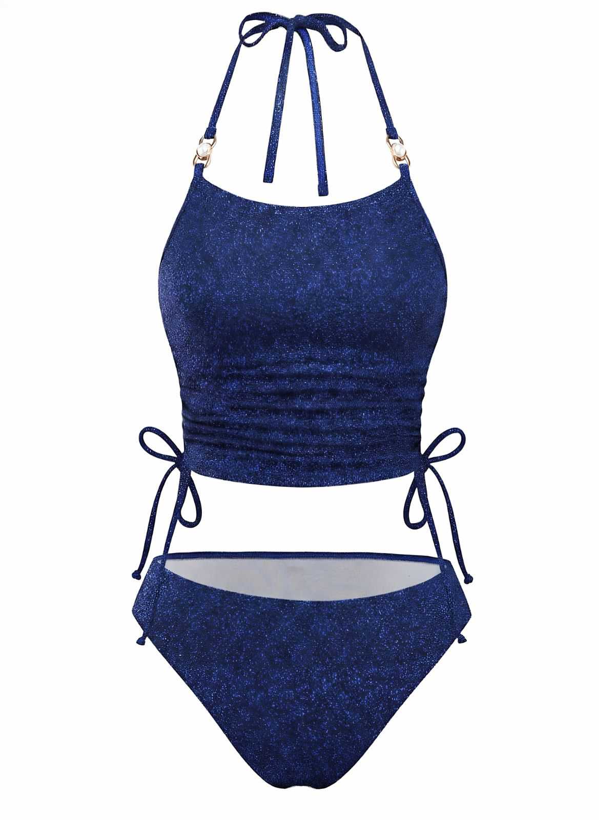 Blue 1980s Halter Pearl Sequin Shimmer Tankini Set - Image 2
