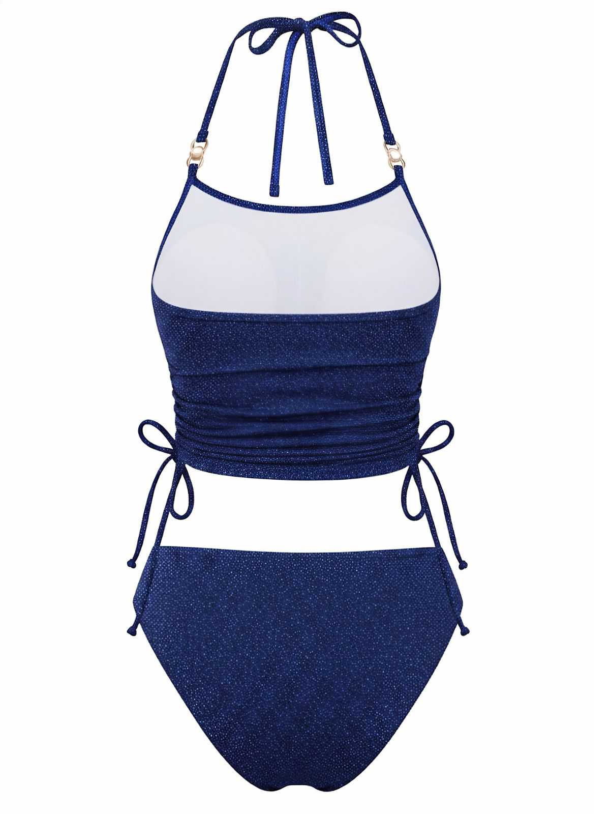 Blue 1980s Halter Pearl Sequin Shimmer Tankini Set - Image 3