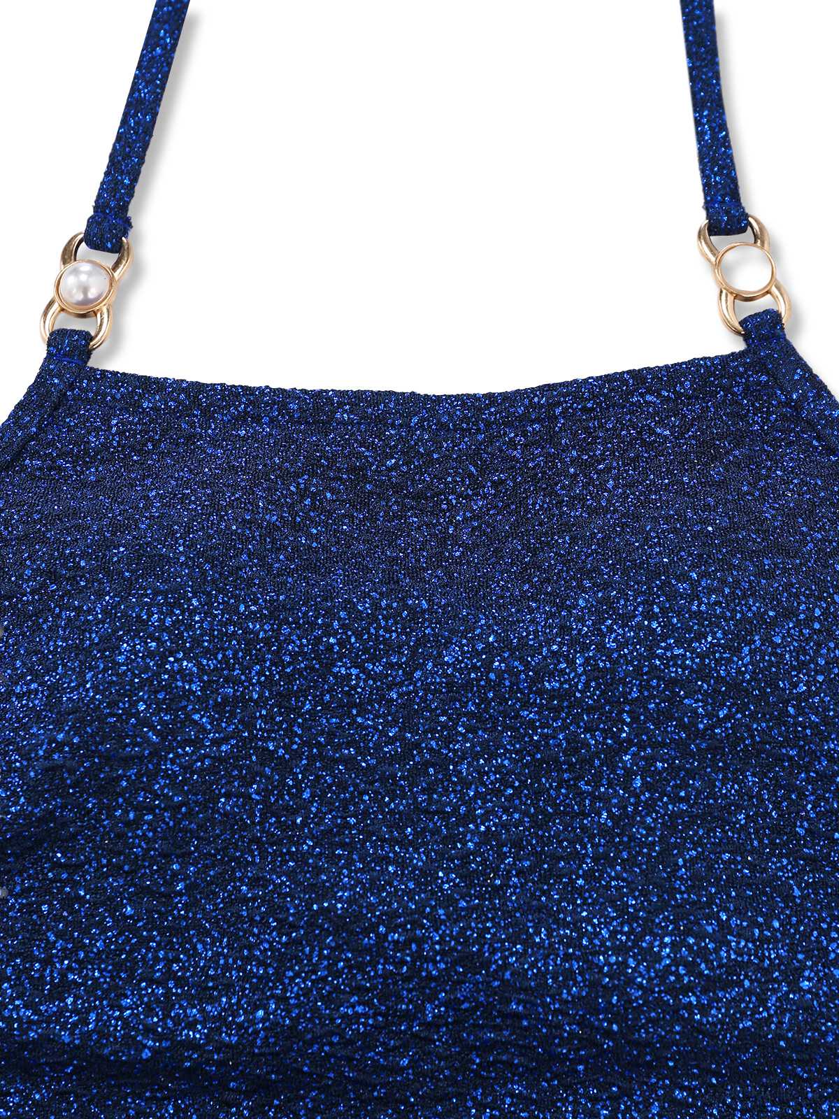 Blue 1980s Halter Pearl Sequin Shimmer Tankini Set - Image 4