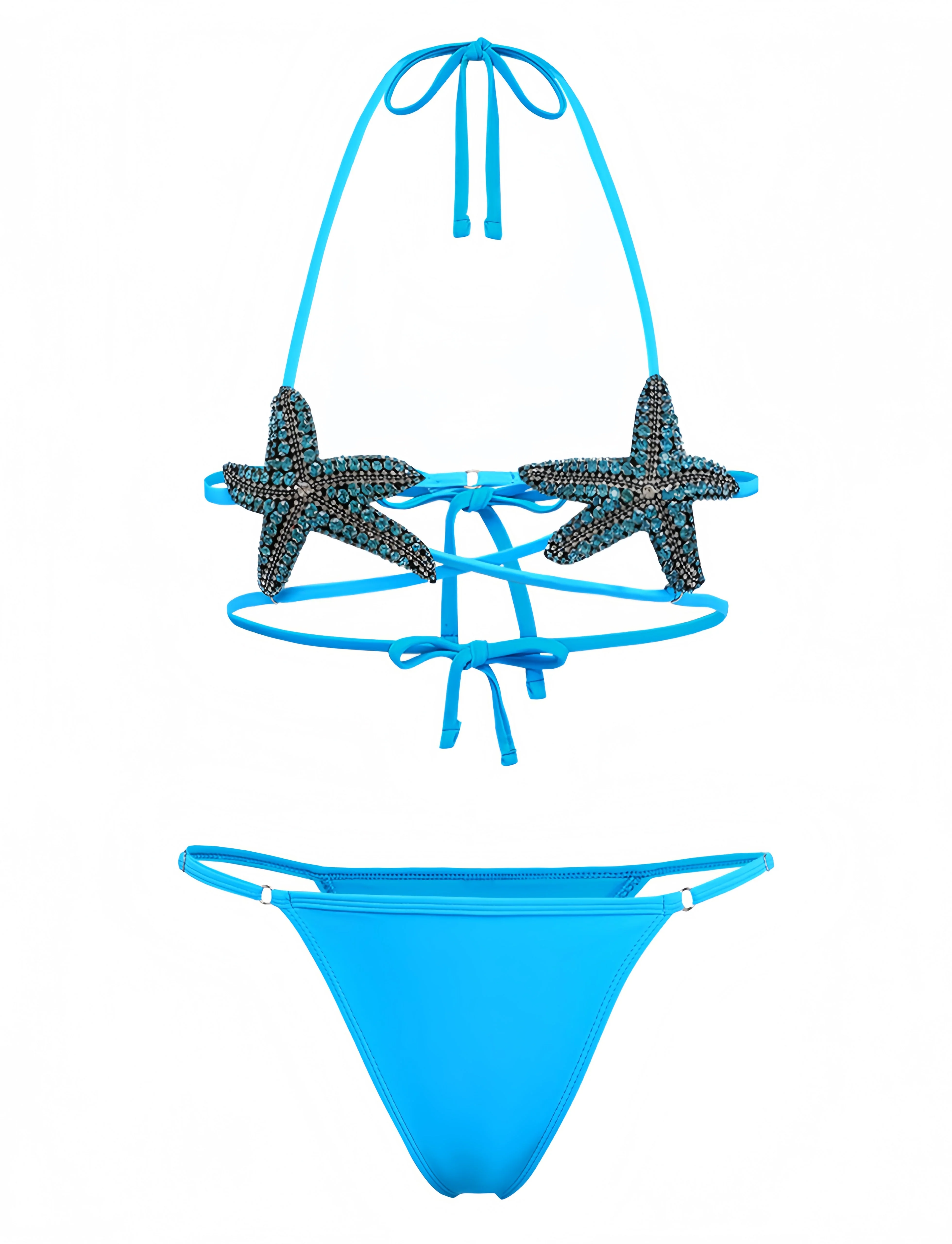 Blue 1980s Halter Starfish Bikini Set - Image 2